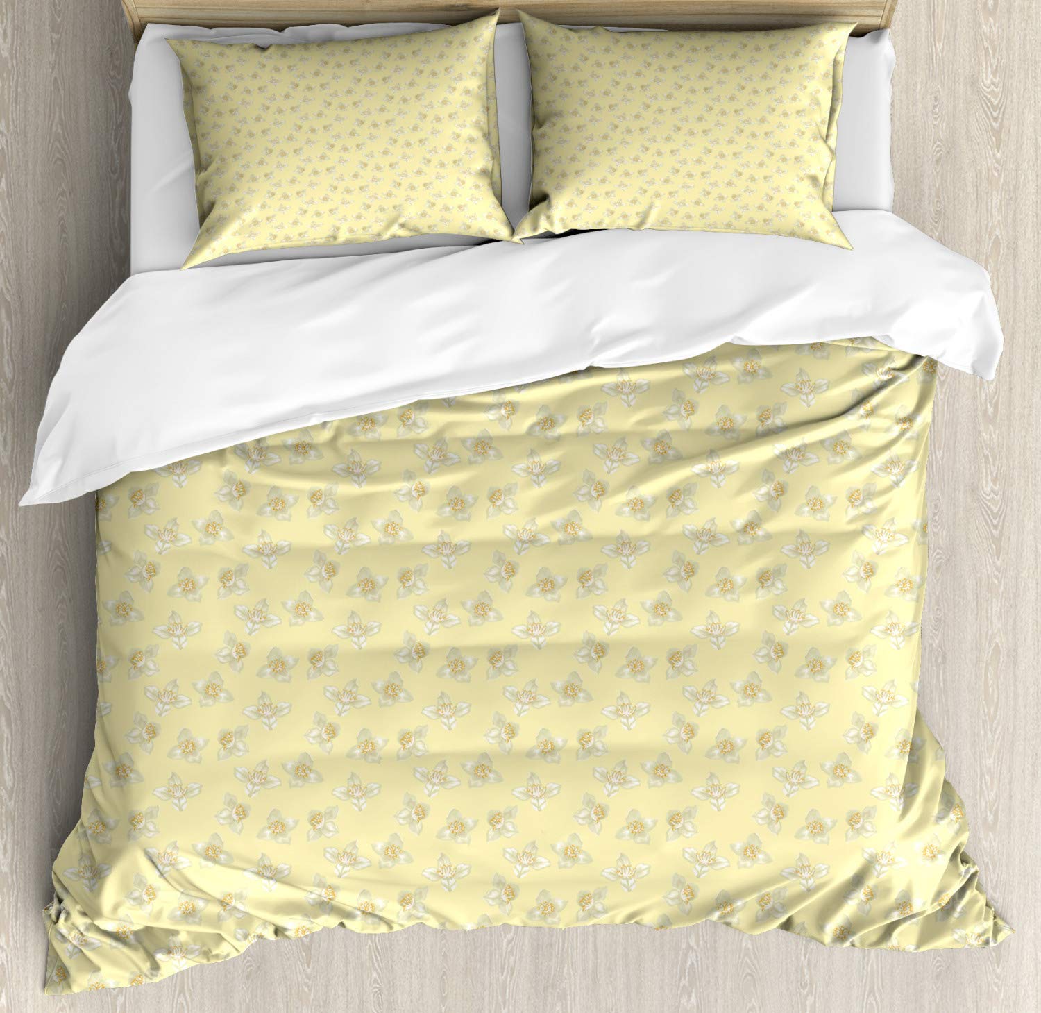 Ambesonne Jasmine Duvet Cover Set 3-Piece - Soft Floral Botanical Bloom Pattern in Pastel Yellow & Khaki - California King Size Bedding with 2 Pillow Shams - Perfect for Master Bedroom, Guest Room & Bohemian Home Decor