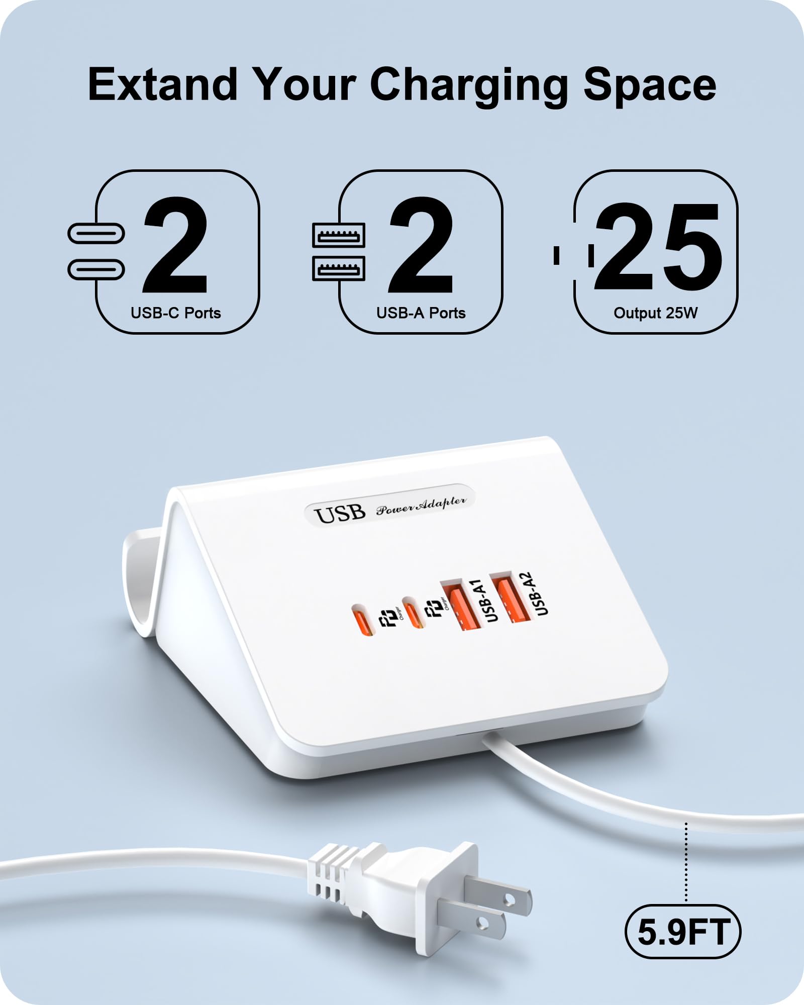 25W Fast USB C Charger Block - 4 Port Multiple USB Charging Station with 2 USB-A & 2 USB-C Ports - Compatible with iPhone 14/13/12, Samsung Galaxy S23/S22/S21 - Perfect for Home, Office & Travel (White)