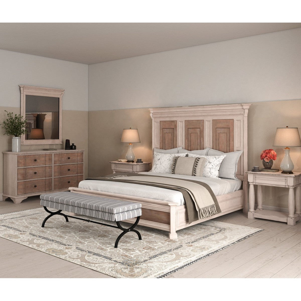 Alcove King Panel Bed in Brown & White - Modern Wooden Bed Frame for Master Bedroom & Guest Room