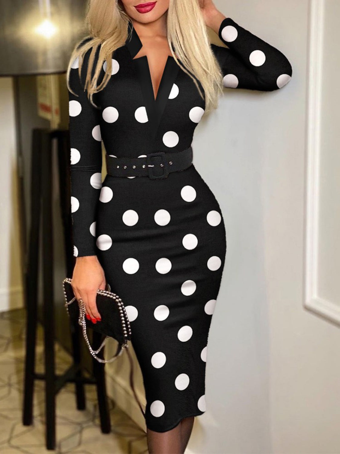 Elegant Notched Long Sleeve Wrap Dress for Women - Flattering Midi Dress for Office, Date Night & Special Occasions