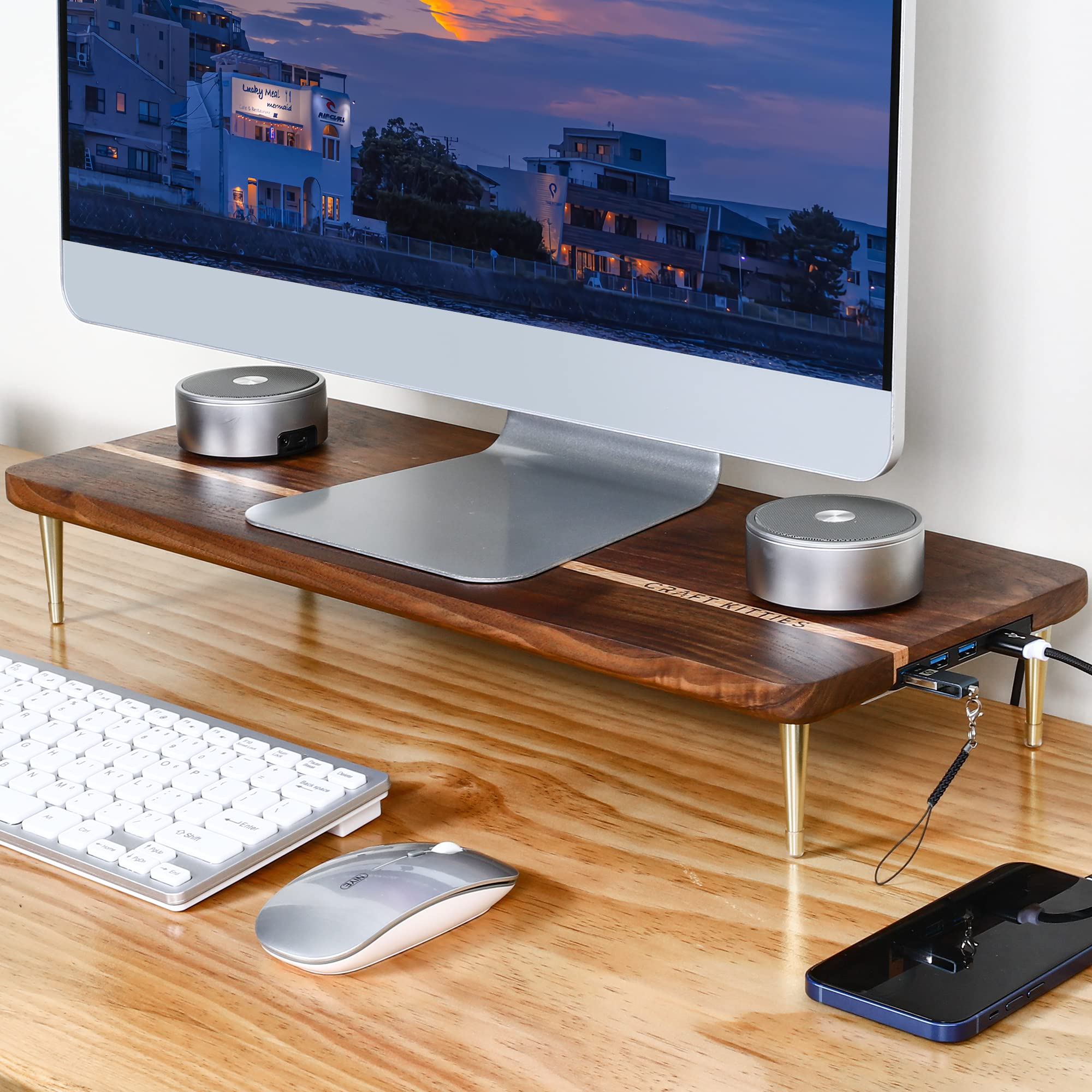 Premium Wood Monitor Stand Riser with 4 USB Ports - American Walnut Desktop Organizer & Charging Hub (20.5x8.3in) - Perfect for Computer, Mac, PC & Smartphone - Ideal for Home Office, Gaming Setup & Workspace Organization
