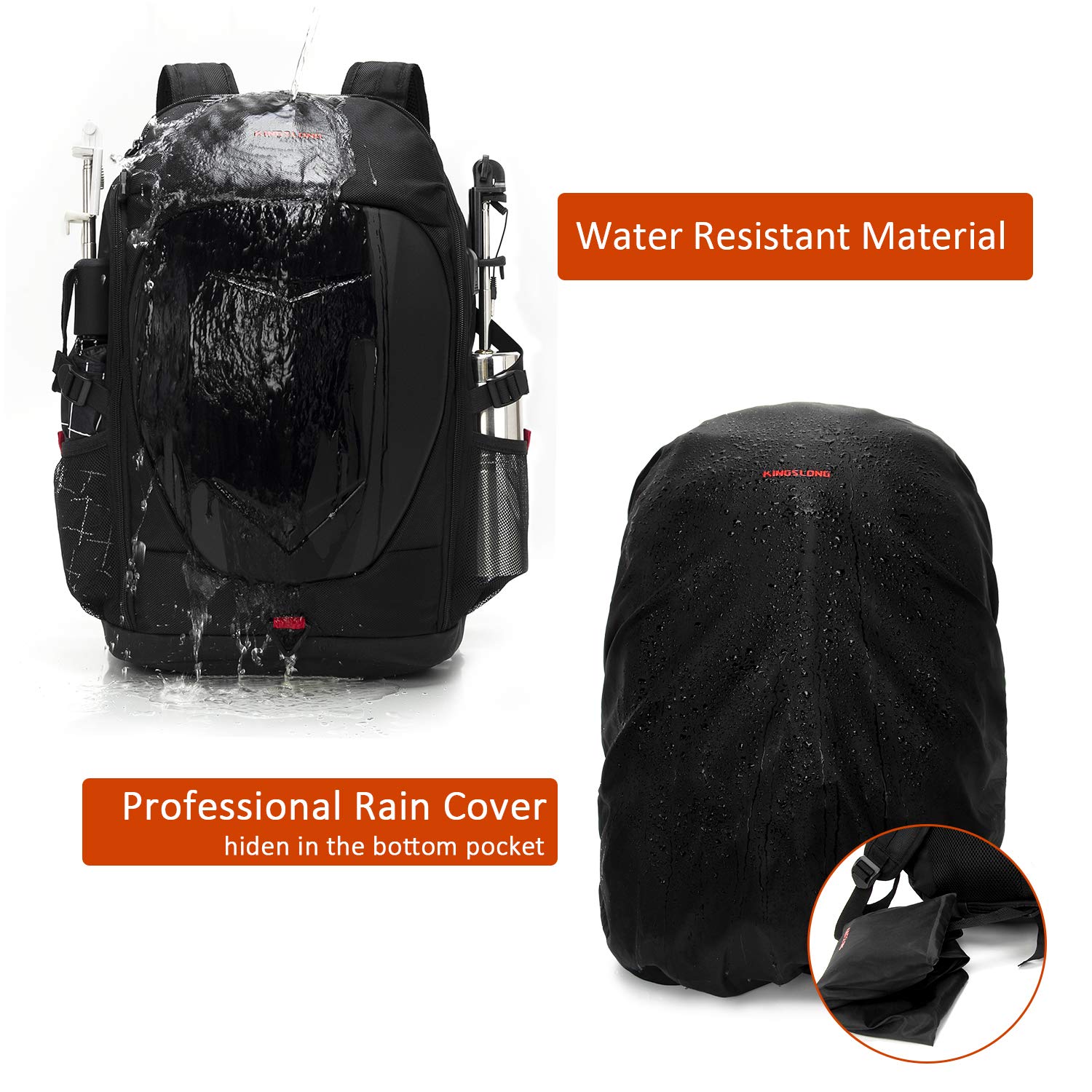 KINGSLONG 17 Inch Laptop Backpack with Hardshell Protection - USB Charging Port & Waterproof Rain Cover - Lightweight Armored Backpack for Motorcycle, Outdoor Racing, Travel & Daily Commute (Black)