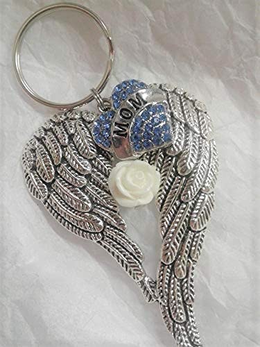 Memorial Angel Wings Keychain with Blue Crystal Heart & White Rose - Thoughtful Gift for Mom, Sympathy Keepsake for Loss of Mother - Perfect for Remembrance, Funeral, or Memorial Services