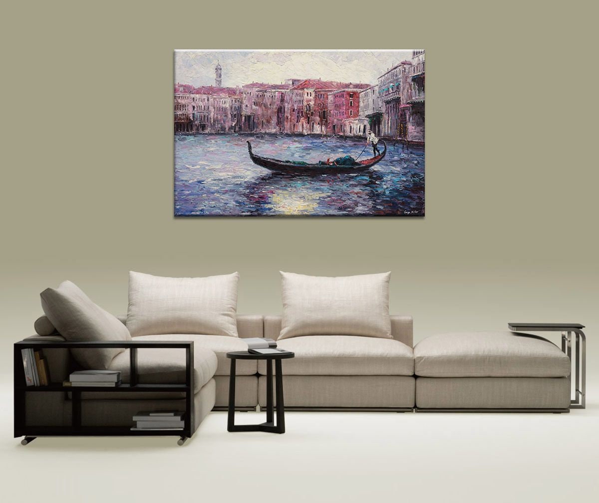 Original Italian Venice Gondola Sunset Seascape Oil Painting - Large Palette Knife Landscape Artwork for Living Room, Bedroom & Office Decor