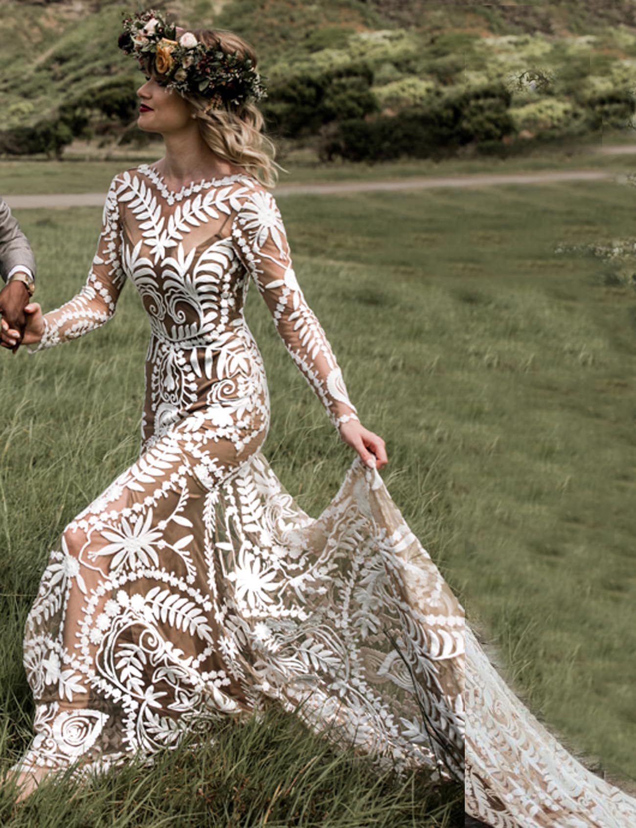 Elegant Western Wedding Dress with Train - 2 Piece Long Sleeve Floral Lace Sheath Bridal Gown for Country Bride | Perfect for Rustic, Boho, and Outdoor Weddings