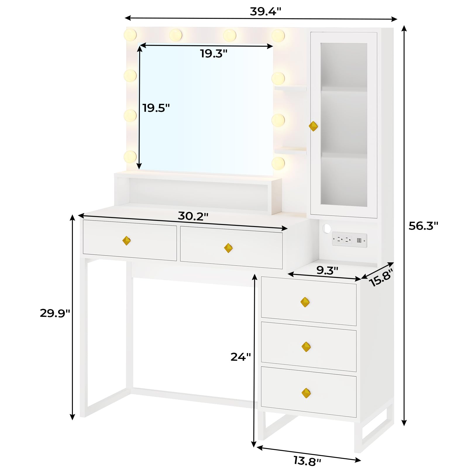Tiptiper Vanity Desk with LED Lights & USB Charging Station - White Makeup Vanity Table with Mirror, 5 Drawers & Storage Shelves - Perfect for Bedroom, Dressing Room & Beauty Salon Organization
