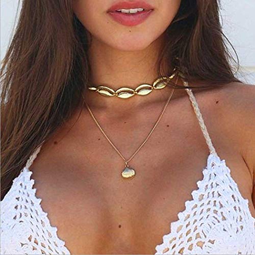 Boho Layered Choker Necklace with Gold Seashell Pendant - Trendy Hawaiian Beach Jewelry for Women & Girls | Perfect for Summer Vacations, Beach Weddings & Festival Outfits
