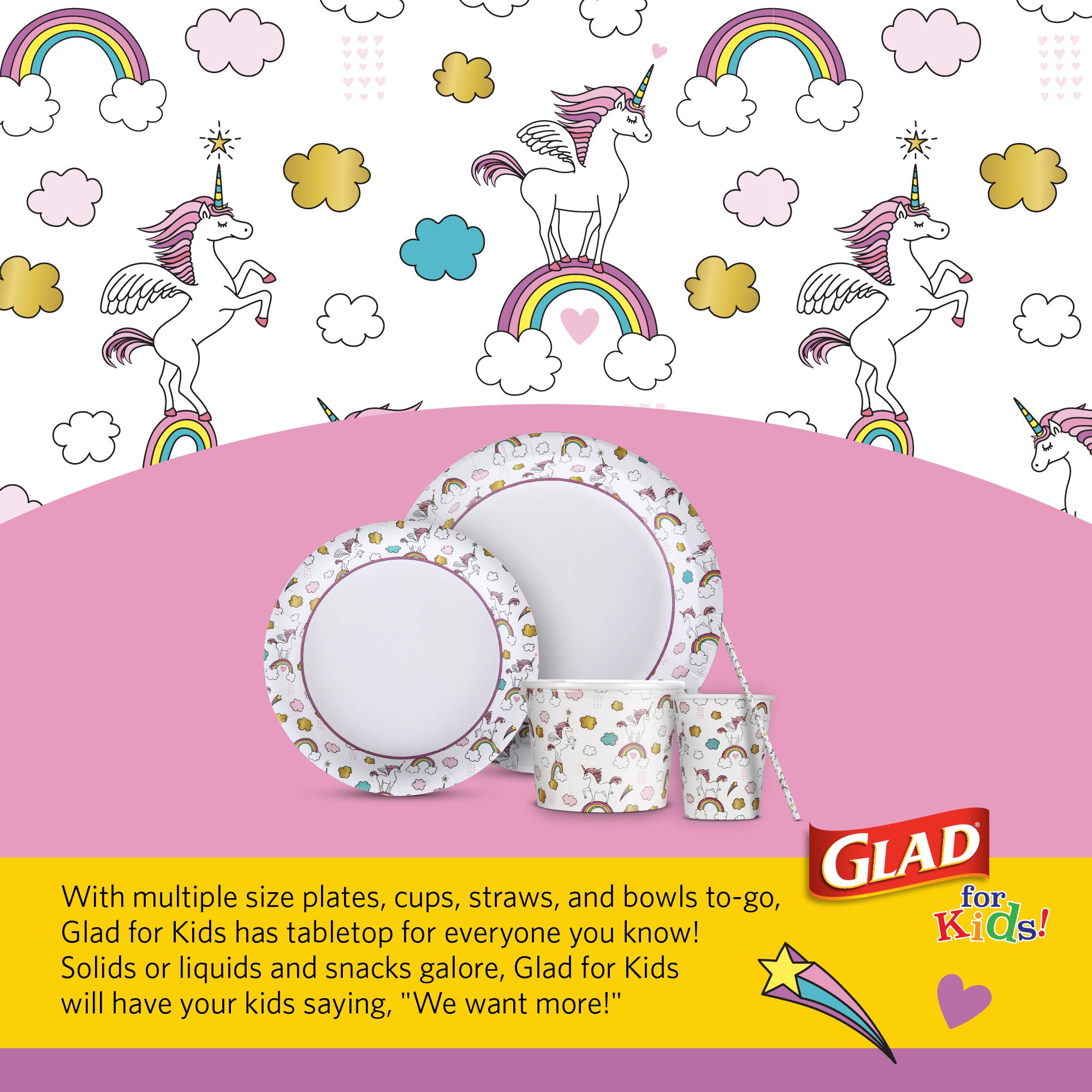 Glad for Kids Unicorns Paper Plates - 8.5 Inch Heavy Duty Disposable Plates with Cute Unicorn Design | Soak Proof & Microwavable Round Paper Plates for Birthday Parties, Picnics & Family Gatherings | 20 Count (Pack of 6)