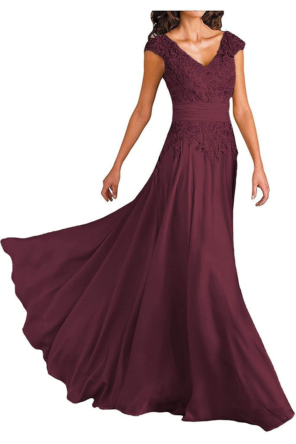 Elegant Short Sleeve Lace V-Neck Chiffon Mother of The Bride Dress - Wedding Guest Formal Evening Gown for Special Occasions, Parties & Celebrations - GQ15