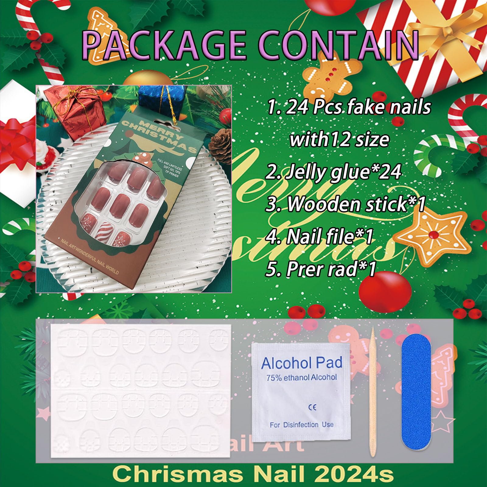 Christmas Press on Nails Short Square - Red Fake Nails with Snowflake & Candy Stripe Design - 24PCS Glossy Acrylic Full Cover False Nails - Winter Xmas Glue on Nails for Women & Girls - Perfect for Holiday Parties, Gift Giving & Festive Nail Art