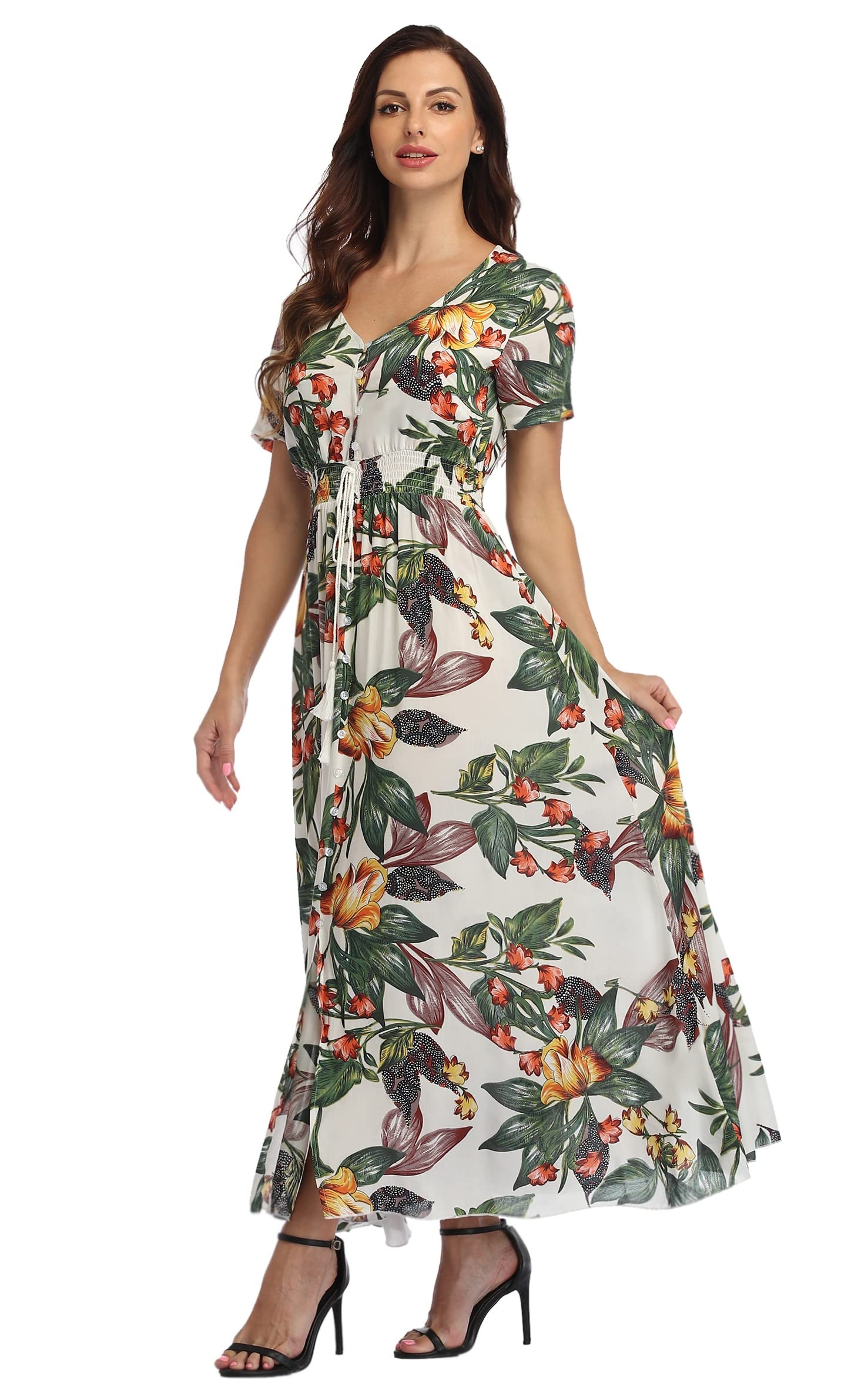 Ferrendo Women's Floral Maxi Dress - Button Up Split Front, Flowy Bohemian Summer Dress for Beach, Party & Vacation | Casual & Elegant Outfit for Outdoor Events, Date Night & Travel