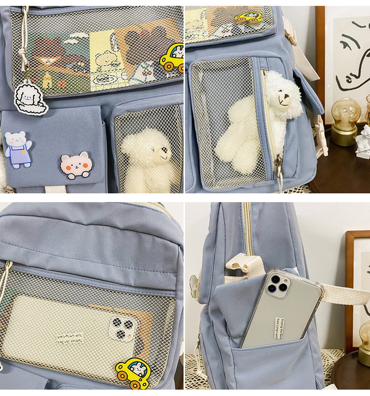 Cute Aesthetic Kawaii Backpack for School with Adorable Pin Accessories - Light Beige One Size - Perfect for Girls, Teens & College Students