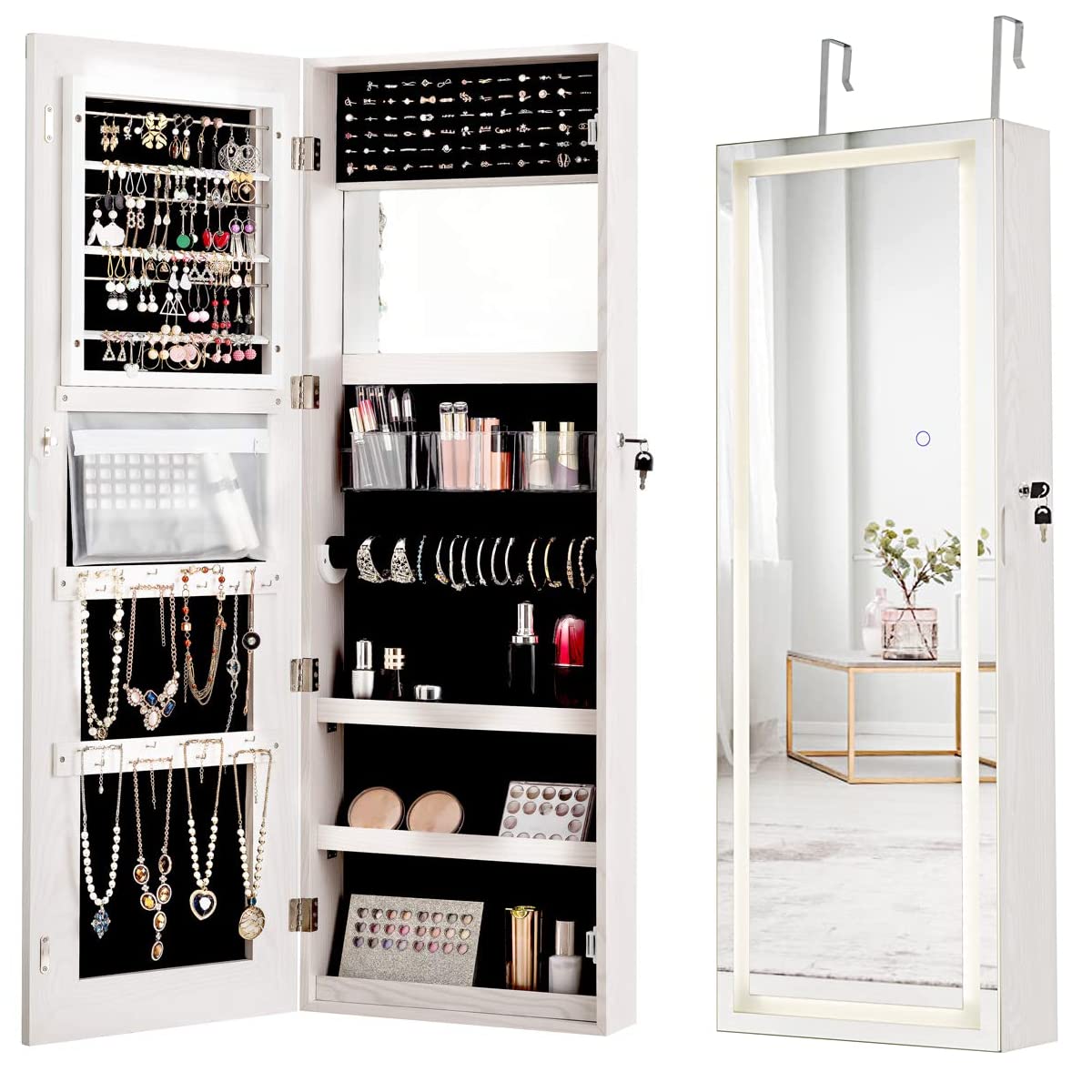 MAT EXPERT Wall/Door Mounted Jewelry Cabinet with LED Lights & Touch-Screen Mirror - White Lockable Jewelry Organizer for Necklaces, Rings & Makeup - Perfect for Bedroom, Closet & Dressing Room Organization