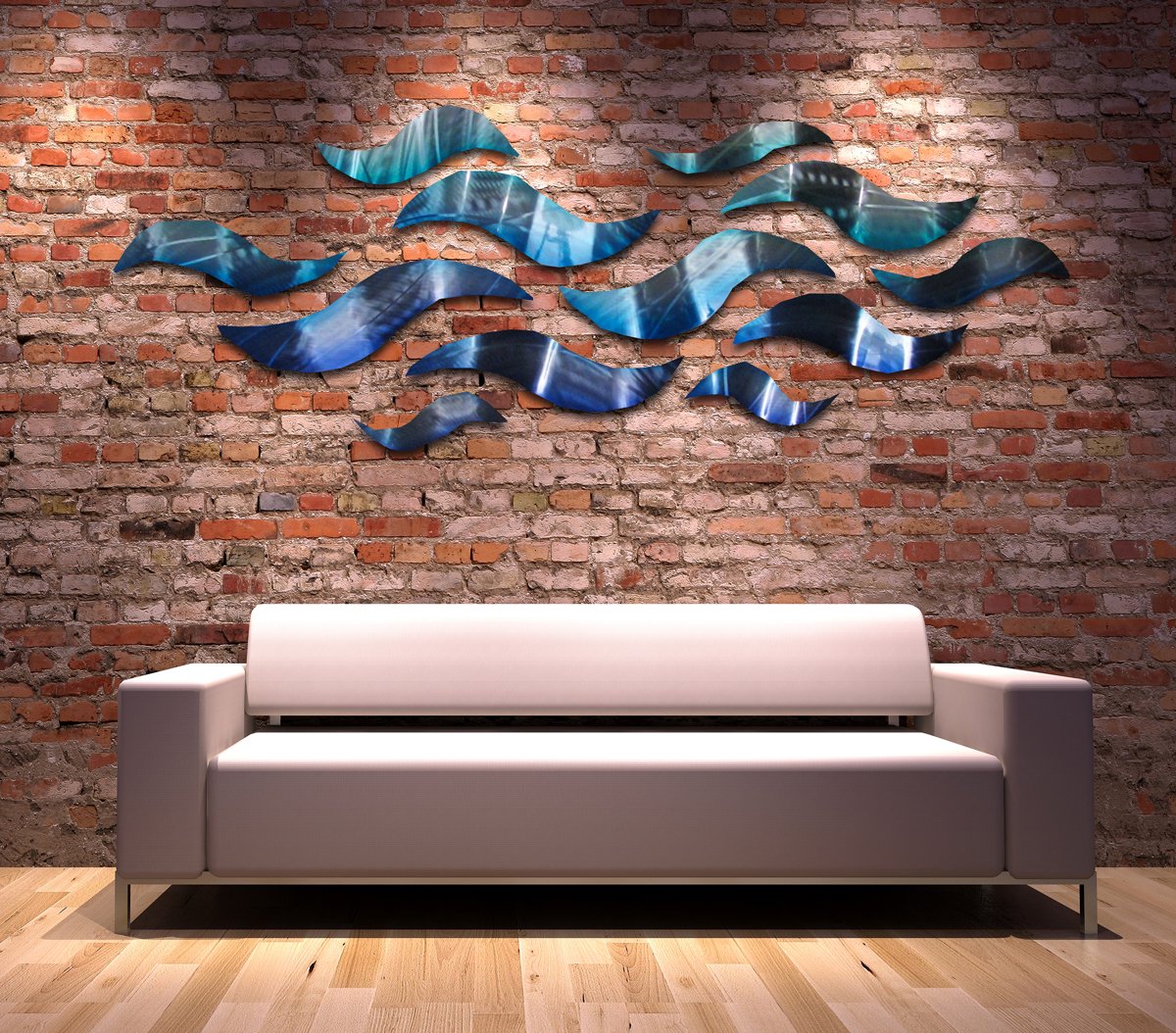 Modern Abstract Large Metal Wall Art Sculpture - Blue & Silver Rip Tide Metal Panel Painting for Living Room, Bedroom & Office Decor