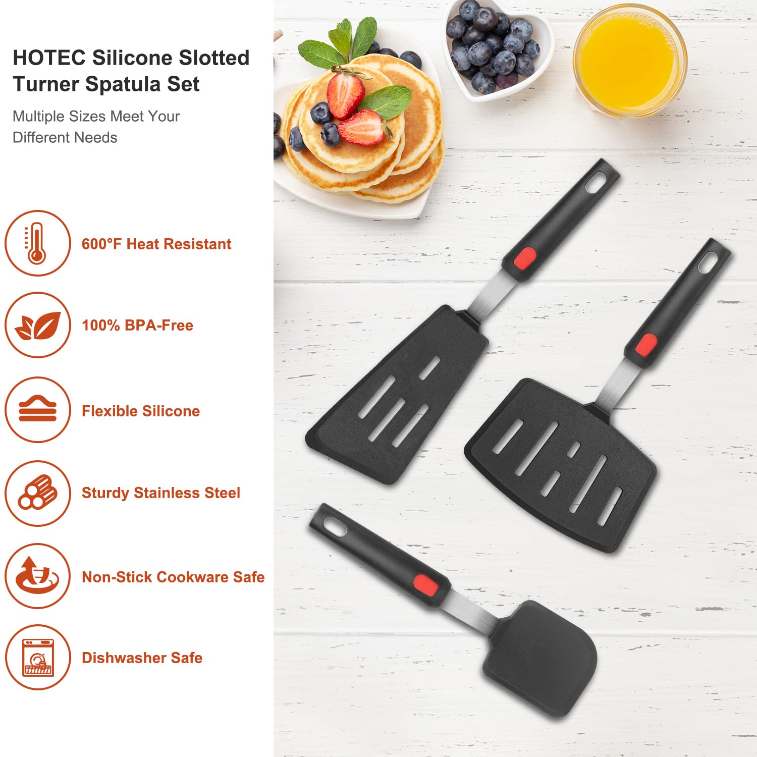 Premium Silicone Spatula Set of 3 - 600°F Heat Resistant Nonstick Kitchen Utensils for Flipping Eggs, Burgers & Pancakes | Flexible Rubber Turner for Cooking, Baking & Grilling | Ideal for Nonstick Pans, Skillets & Crepe Makers