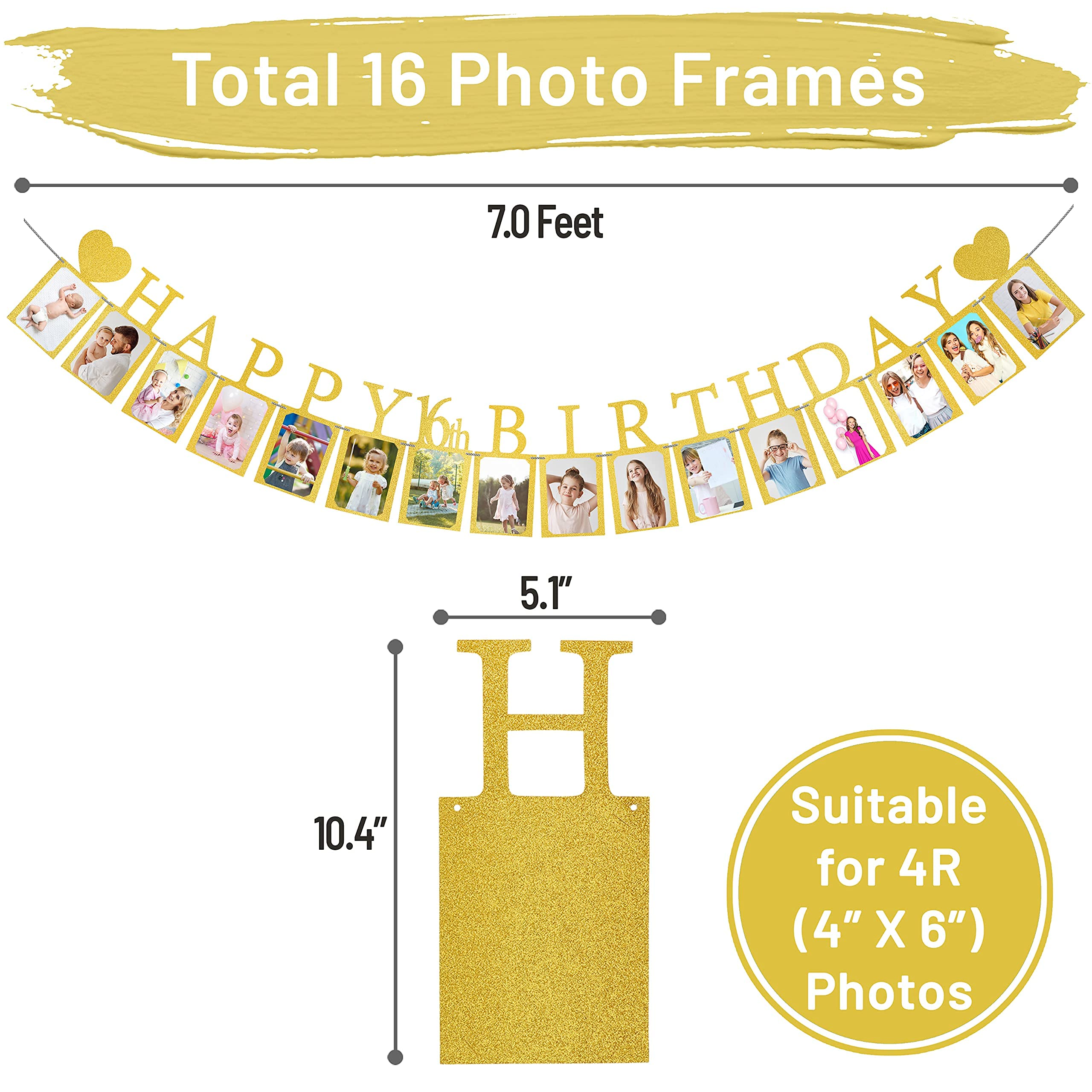 Gold Sweet 16 Birthday Banner with 6 Photo Frames - Pre-Assembled Party Decorations for Girls - Happy 16th Birthday Signs - Perfect for Sweet Sixteen Parties, Photo Booths & Milestone Celebrations