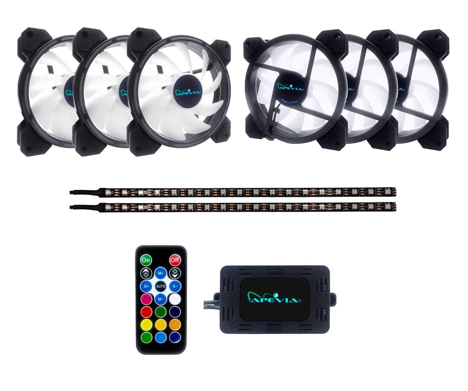 Apevia AC62-RGB Arcane 120mm Silent RGB LED Fan with Remote Control - 16 Color Changing LEDs, 8 Anti-Vibration Pads & 2 Magnetic LED Strips (6+2 Pack) - Perfect for PC Gaming, Case Cooling & Custom RGB Lighting Setups