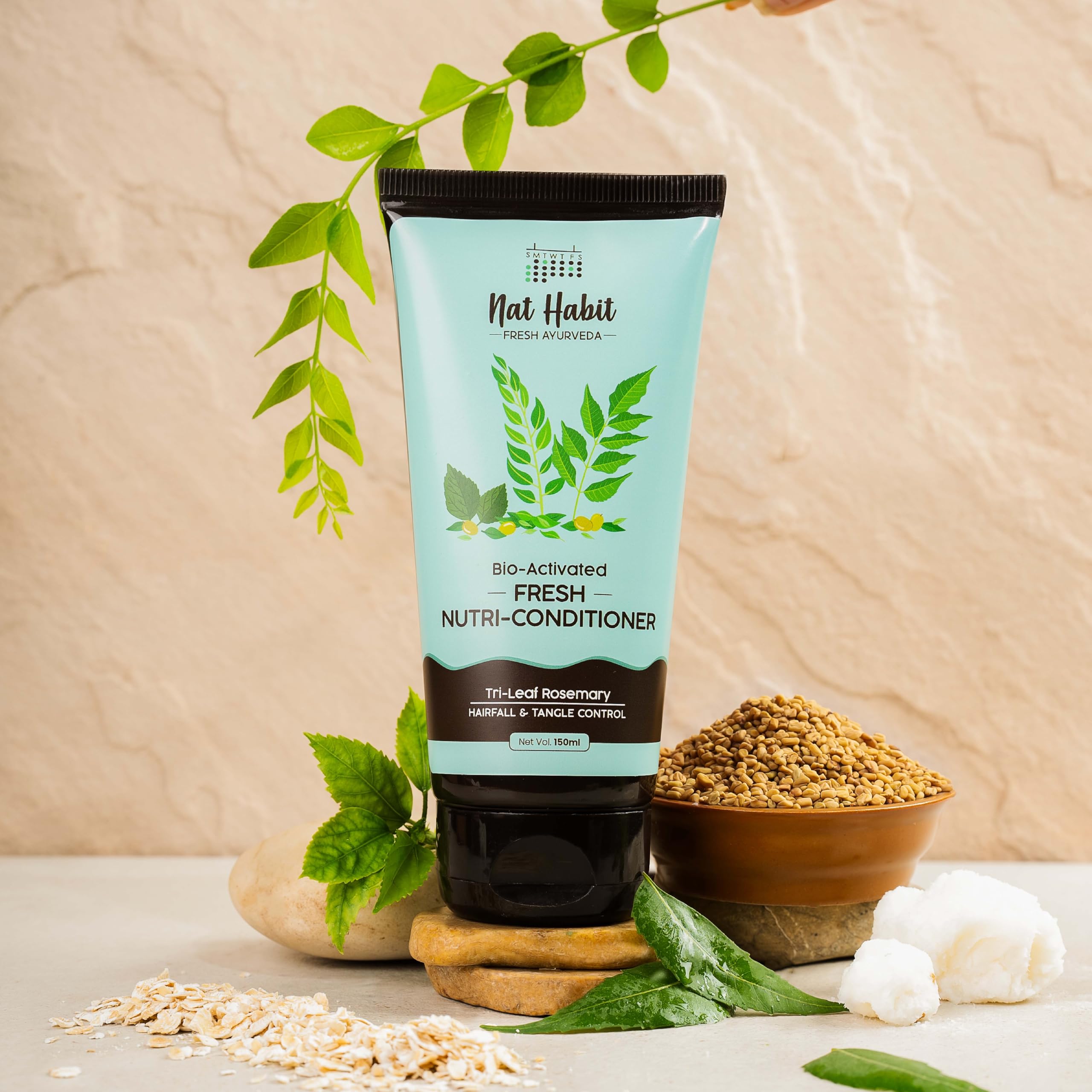 Nat Habit Tri-Leaf Rosemary Nutri-Conditioner for Hair Growth & Tangle Control - Bio-Activated Formula with 8 Ultra-Moisturizing Ingredients - 150ml for Women & Men - Perfect for Dry, Damaged Hair & Scalp Care