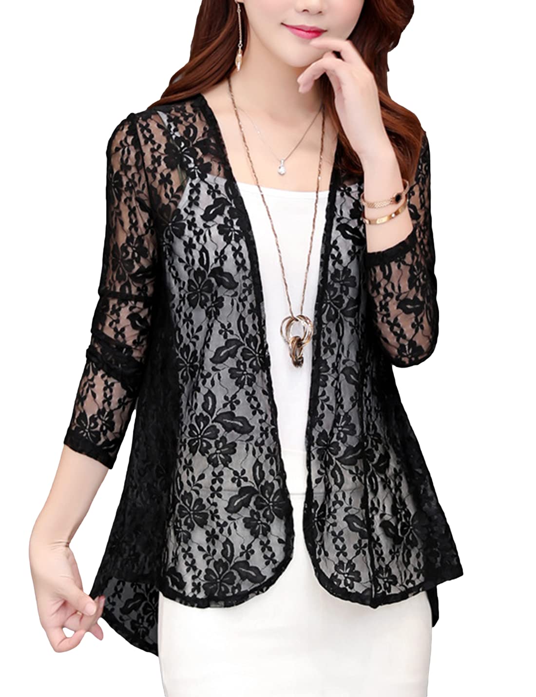 SeekMe Women's Long Sleeve Open Front Lace Cardigan - Crochet Knit Casual Cover Up Shrug for Spring & Fall Layering, Date Night, Office Wear