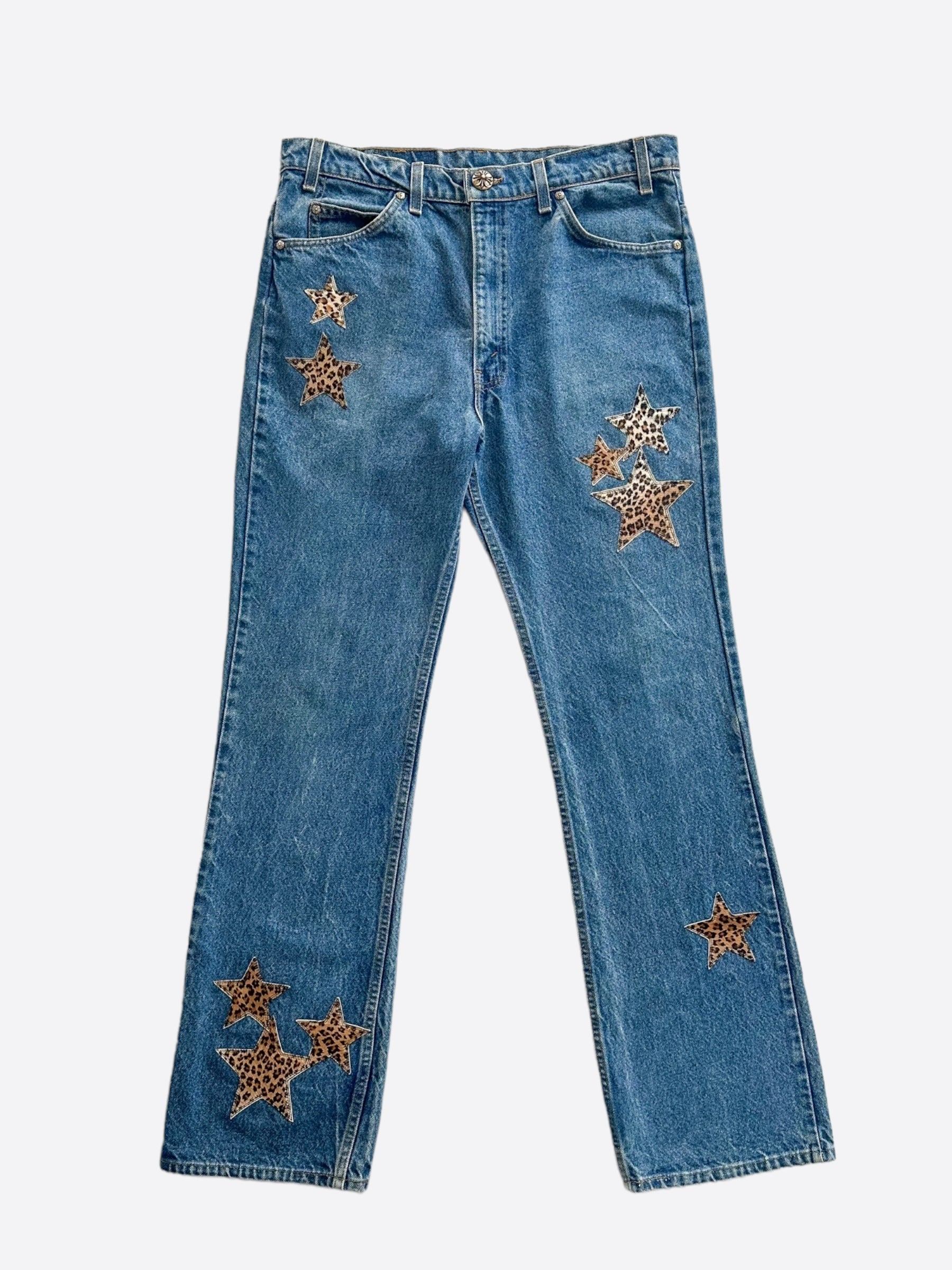 Chrome Hearts x Levi's Blue Cheetah Star Patch Jeans for Men & Women | Vintage Denim Pants with Unique Design | Perfect for Streetwear & Casual Outfits