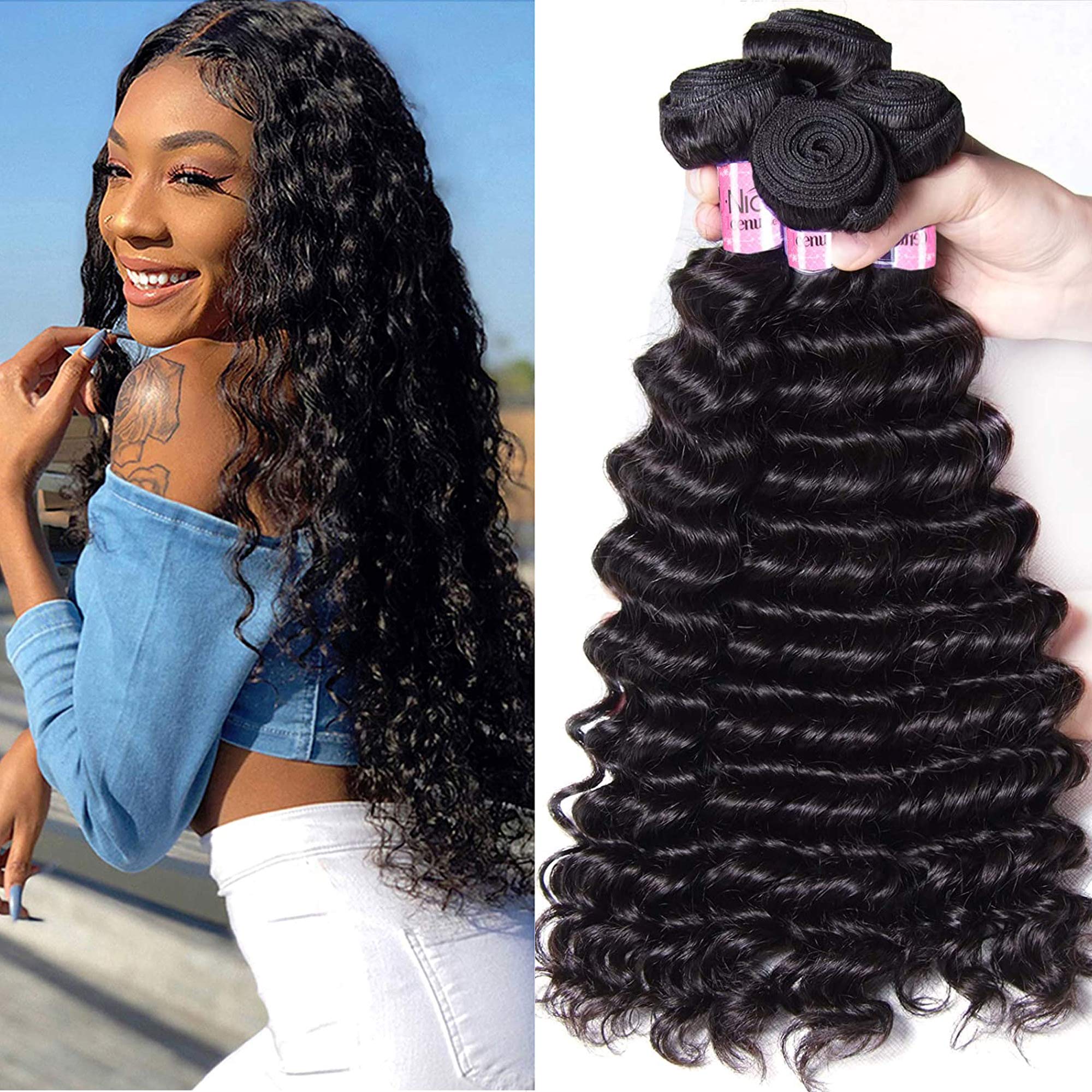 UNice Peruvian Virgin Human Hair Extensions - 3 Bundles Deep Wave Weft, 100% Real Human Hair, Natural Color, 95-100g per Piece (14 16 18 Inch) for Stunning Volume & Length - Perfect for Daily Wear, Special Occasions & Salon Styling