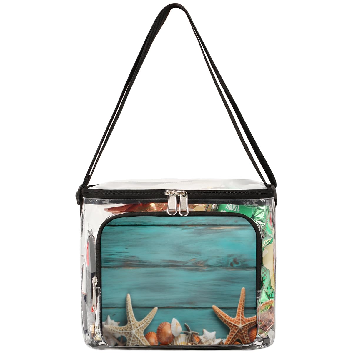 GzLeyigou Clear Transparent Tote Bag with Wooden Handles - Blue Starfish & Seashell Design, Crossbody Shoulder Bag for Women - Perfect for Beach, Picnic, Travel, Concerts & Sports Events (Stadium Approved)