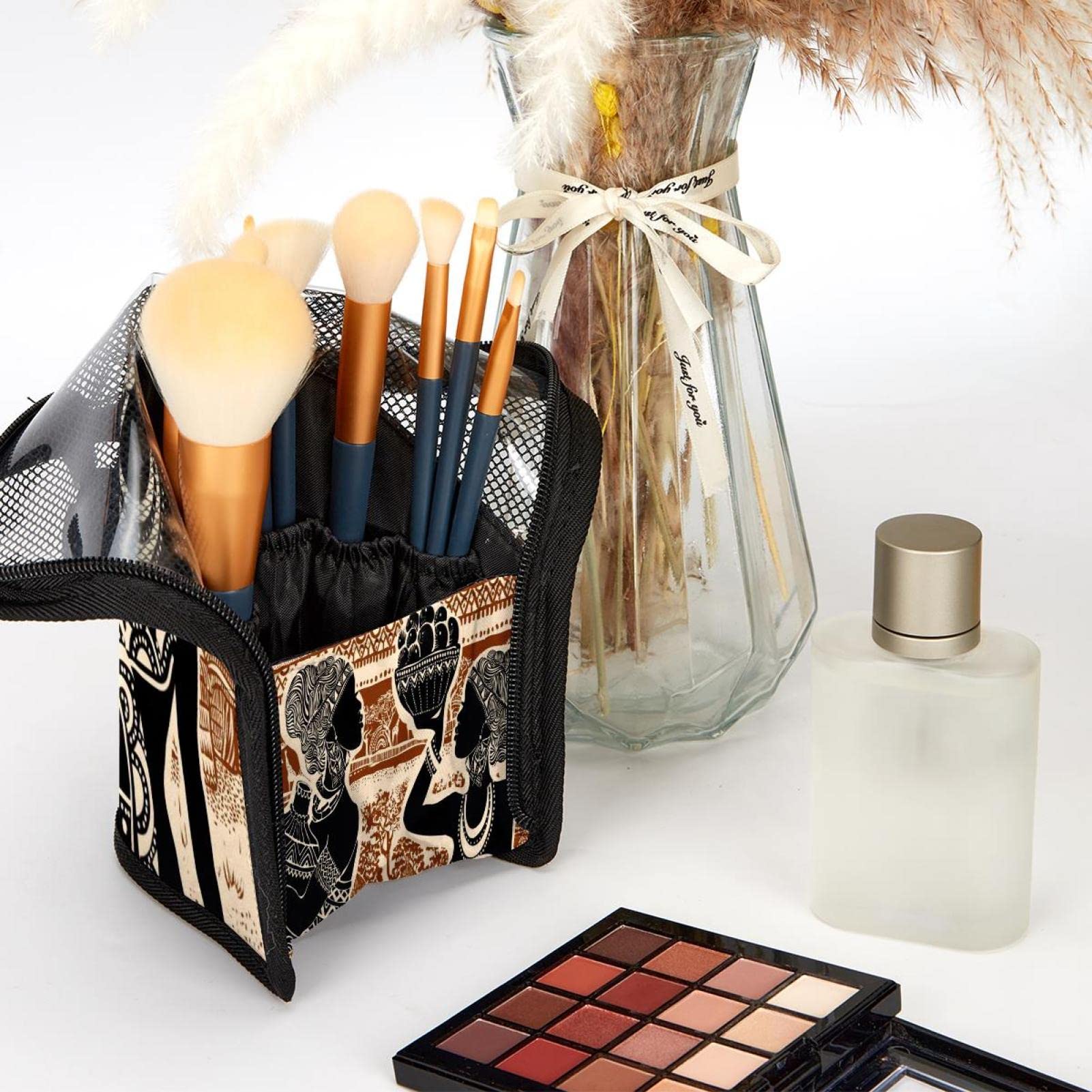 12-Piece African Girl Ethnic Style Makeup Brush Organizer Bag - Portable Travel Brush Holder Case for Women | Perfect for Travel, Home & Professional Makeup Artists