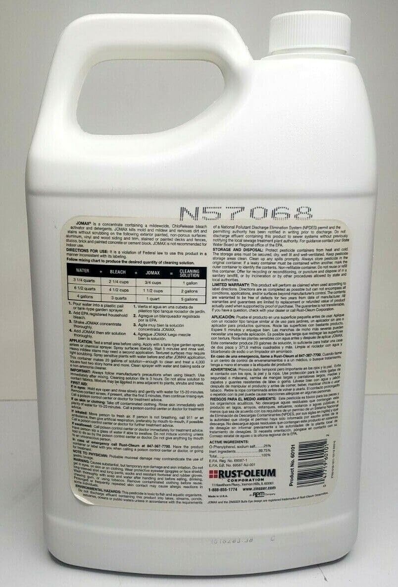 Zinsser Jomax 60101 House Cleaner & Mildew Remover Concentrate - 1 Gallon Outdoor Siding Cleaner - Safe for Vinyl, Wood & Brick - Perfect for Patios, Decks & Exterior Walls