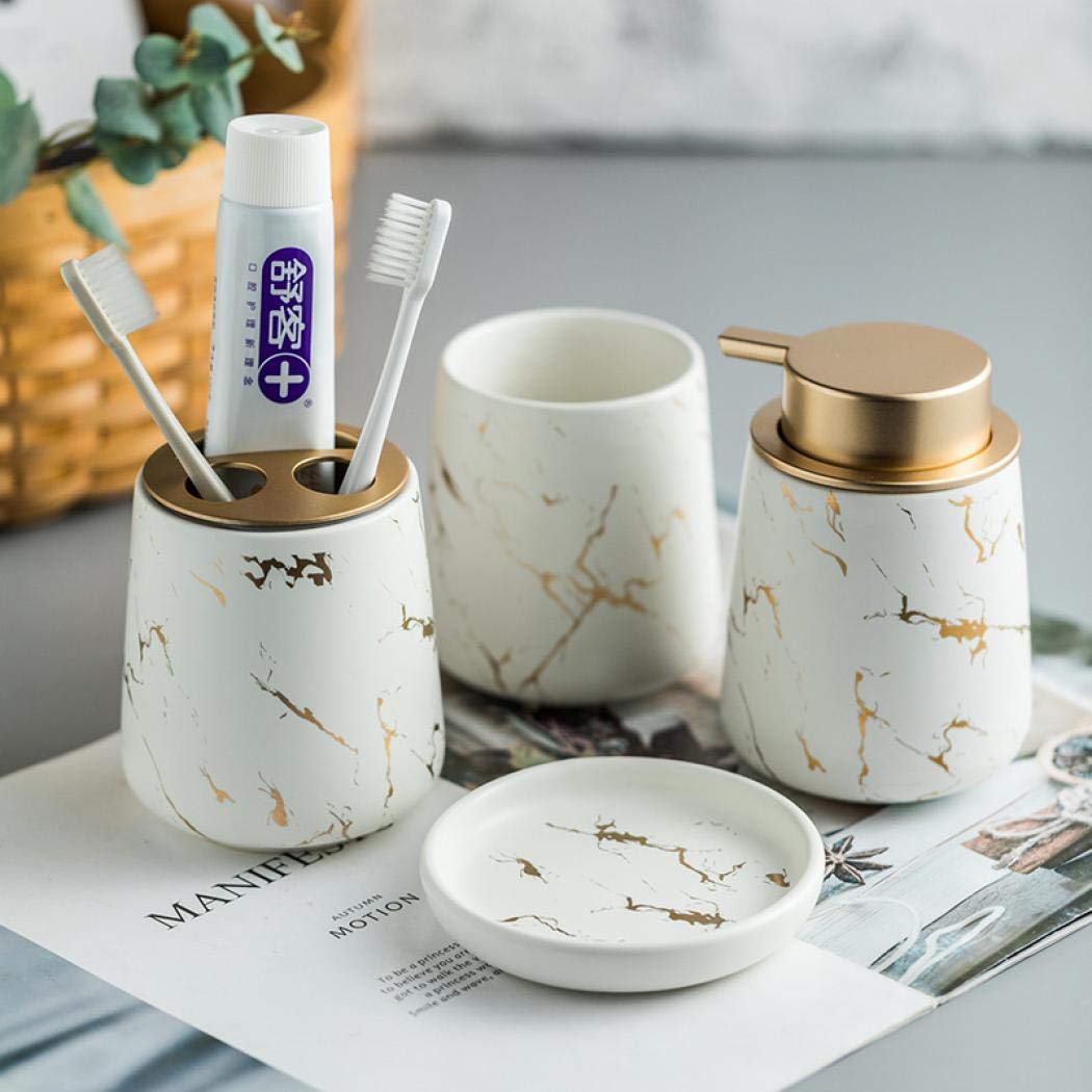 Luxury 4-Piece Marble Pattern Ceramic Bathroom Accessories Set - Soap Dispenser, Toothbrush Holder, Tumbler & Tray - Modern Bathroom Decor for Home & Hotel (Dark Green) | Elegant Spa-Style Upgrade for Master Bath & Guest Powder Room