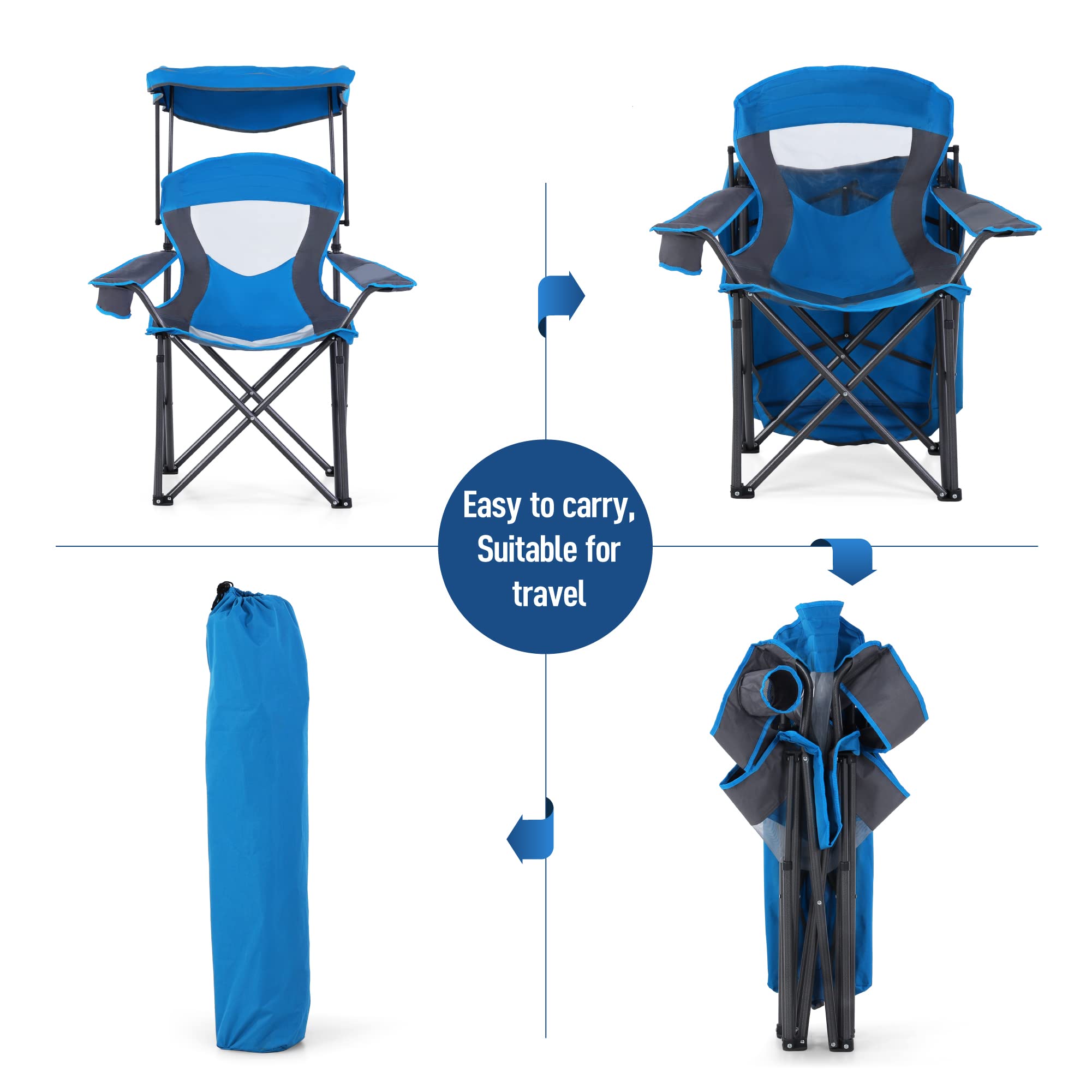 ALPHA CAMP Heavy Duty Folding Camping Chair with Shade Canopy - 300 LBS Capacity, Cup Holder & Carry Bag Included - Perfect for Outdoor Camping, Hiking, Beach Trips & Backyard BBQs - Royal Blue