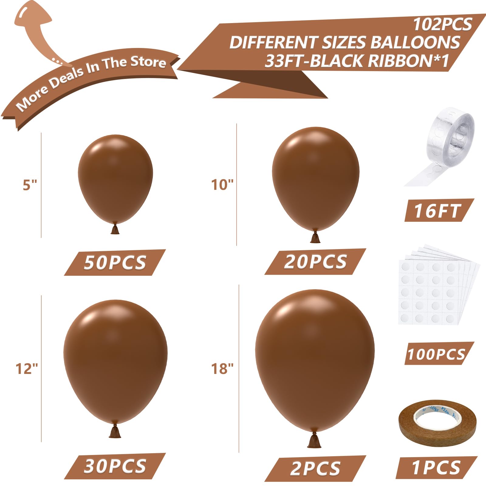 NISOCY 102PCS Brown Balloons Arch Garland Kit - 18In, 12In, 10In, 5In Dark Brown Balloons for Birthday, Wedding, Baby Shower, Jungle & Safari Party Decorations | Perfect for Indoor & Outdoor Events, Photo Backdrops, and Themed Celebrations