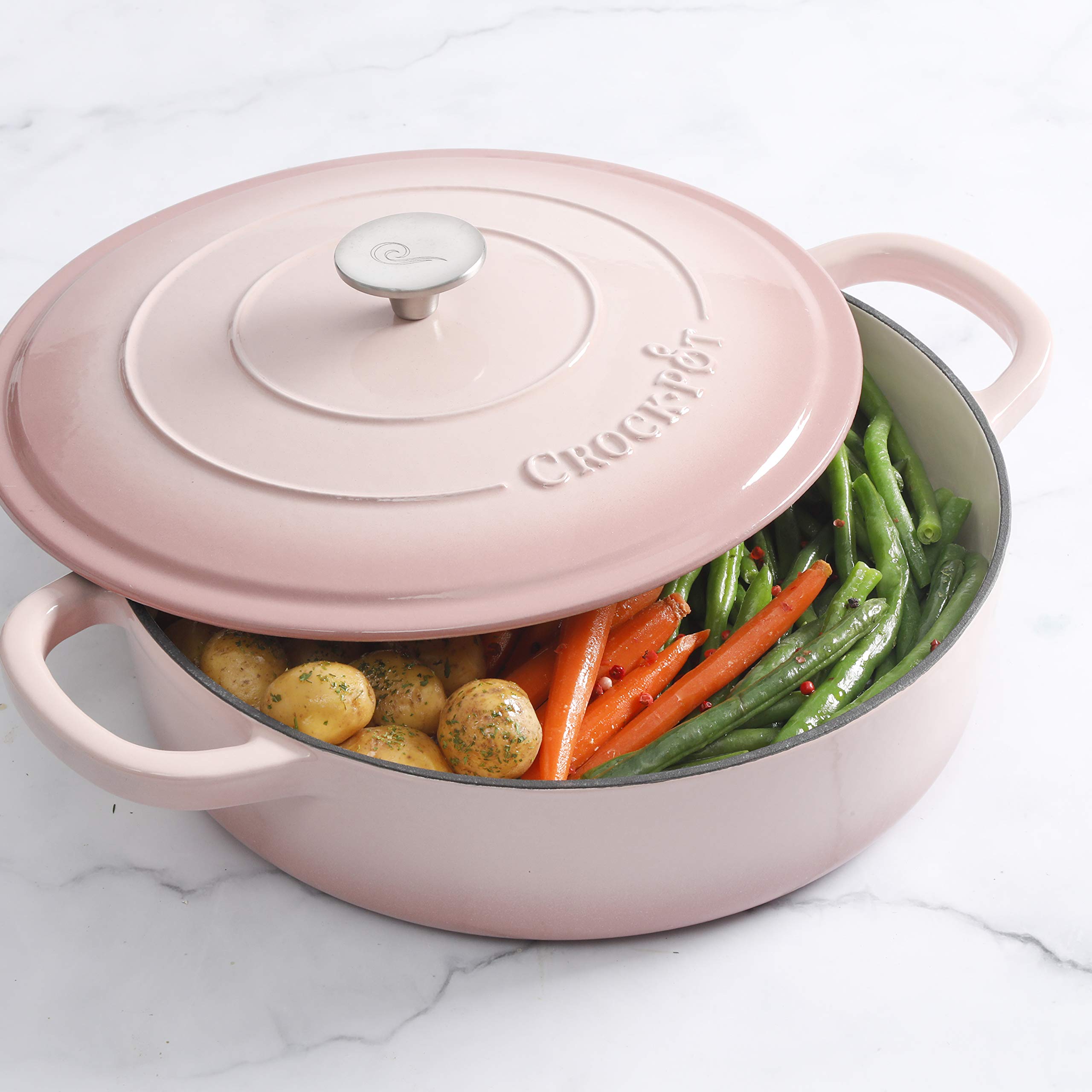 Crock Pot Artisan Enameled Cast Iron Braiser with Lid - 5-Quart Blush Pink Dutch Oven for Slow Cooking, Roasting & Baking - Perfect for Soups, Stews, Casseroles & Family Dinners