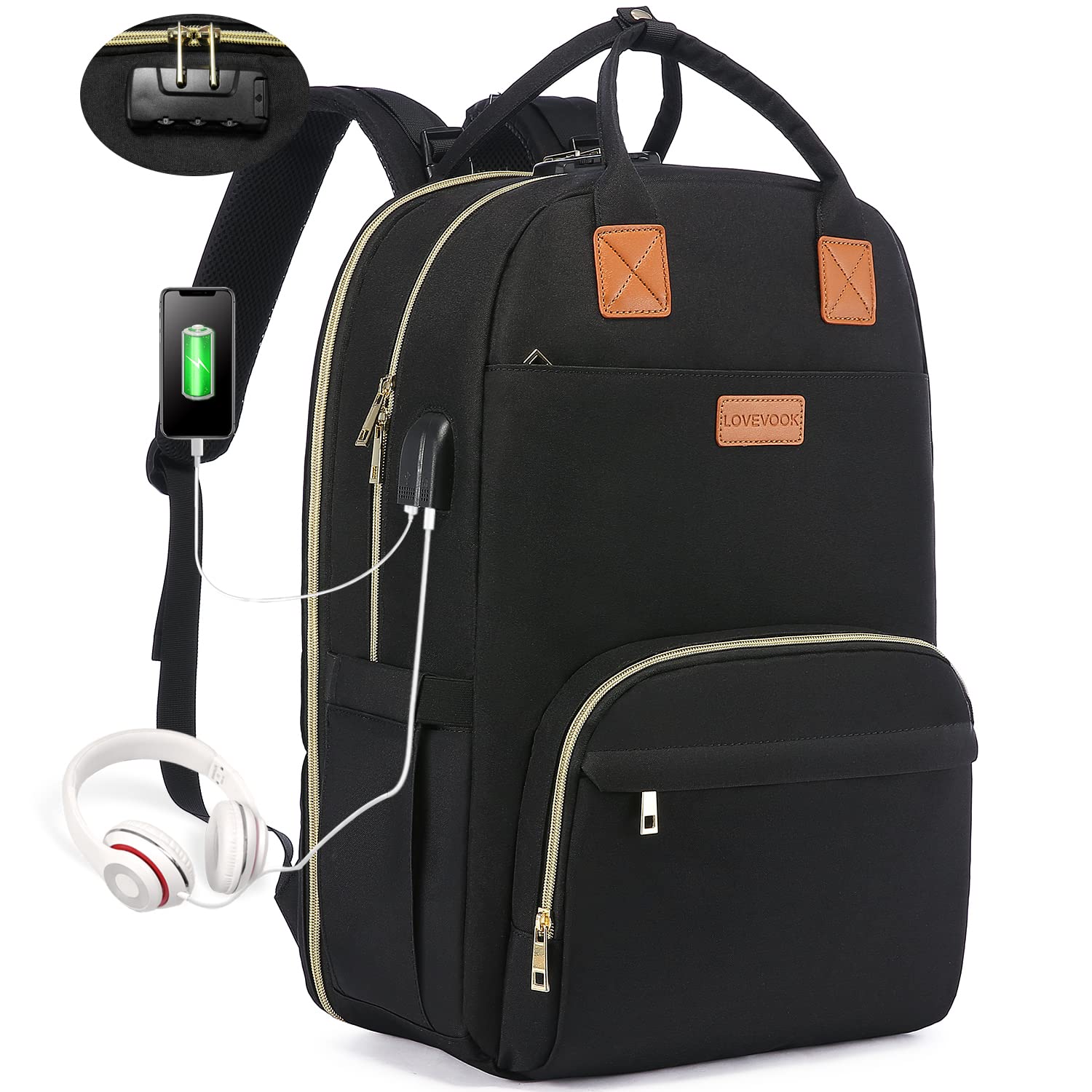 LOVEVOOK Anti-Theft Laptop Backpack for Women & Men - 17.3 Inch USB Charging Business Travel Backpack, Water Resistant College School Bookbag with Lock - Perfect for Work, Commuting & Student Life - Black