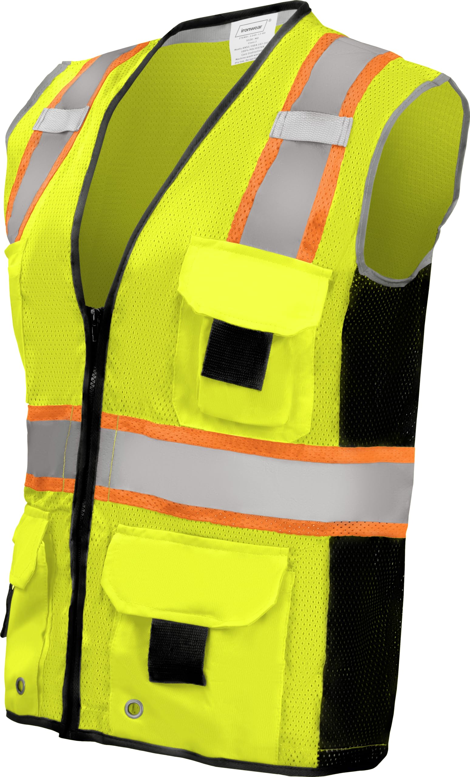 Ironwear 1245 Class 2 Safety Vest with Zipper, Radio Tabs & Pocket Grommets - High Visibility Reflective Work Vest for Construction, Road Workers & Outdoor Safety