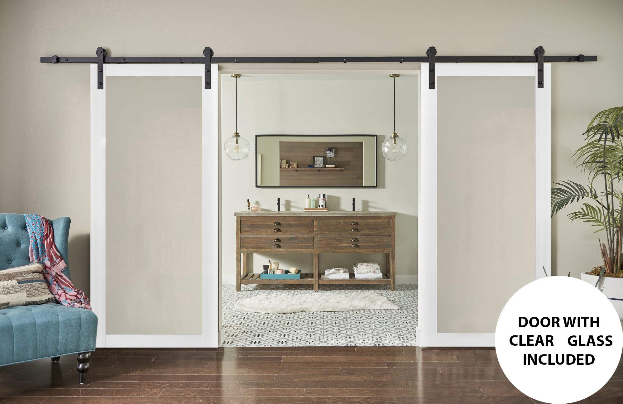 Sturdy 60x80 Inch Double Barn Door with Clear Glass - Lucia 2166 White Silk Finish | 13FT Top Mount Rail Hangers for Heavy Solid Panel Interior Doors | Perfect for Farmhouse Style Homes, Bedrooms & Living Rooms