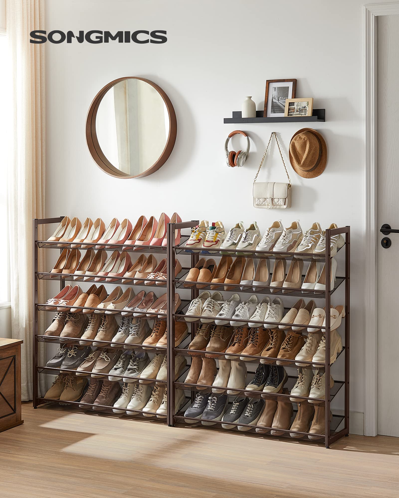 SONGMICS 12-Tier Metal Shoe Rack Organizer - Stackable Shoe Storage Shelf for Entryway, Closet & Garage - Adjustable Shelves Holds 48+ Pairs - Bronze (ULMR12A) | Perfect for Small Spaces, Apartment Organization & Shoe Lovers Collection