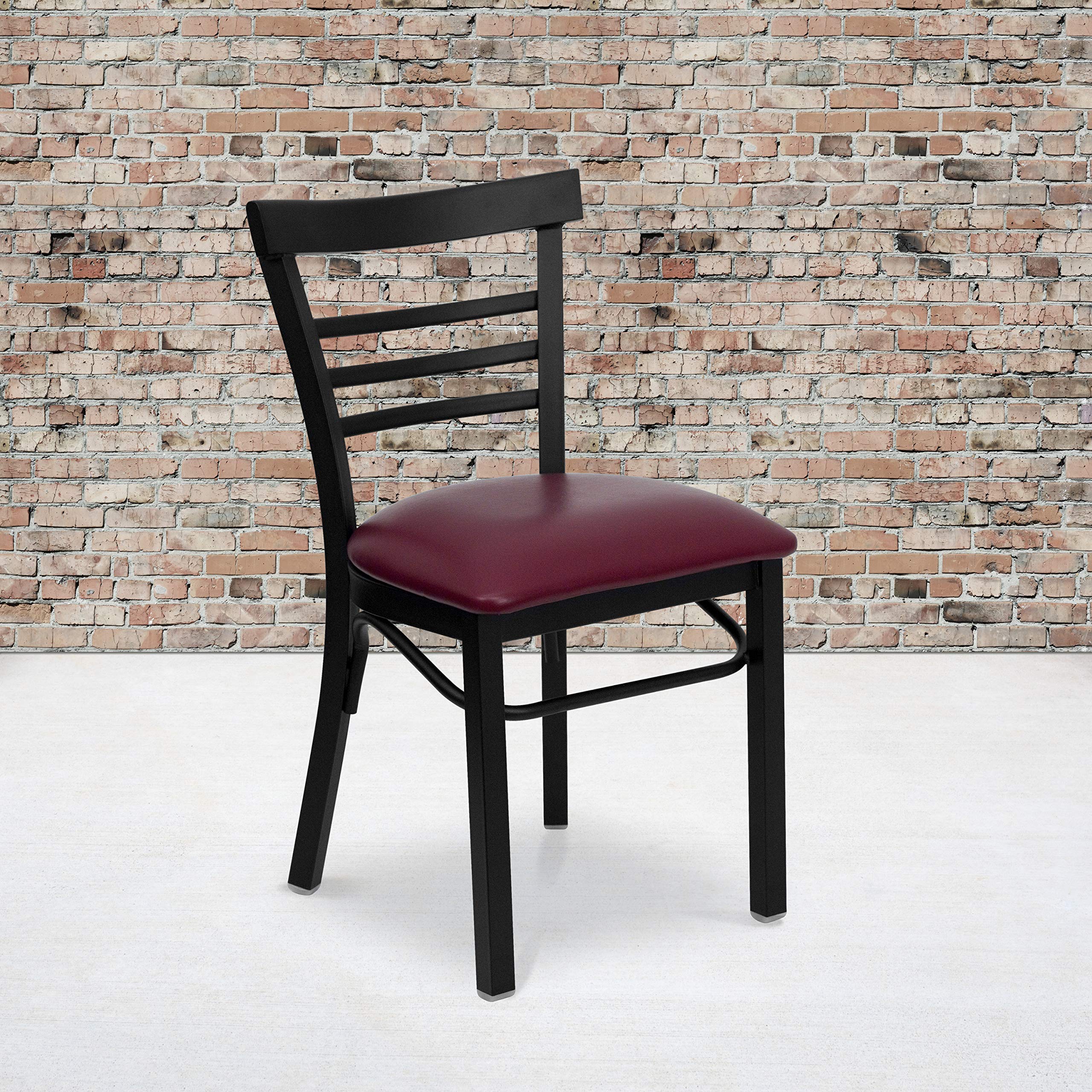 EMMA + OLIVER Black Metal Dining Chair with Three-Slat Ladder Back & Burgundy Seat - Modern Kitchen, Dining Room, Restaurant, and Office Furniture for Home Decor
