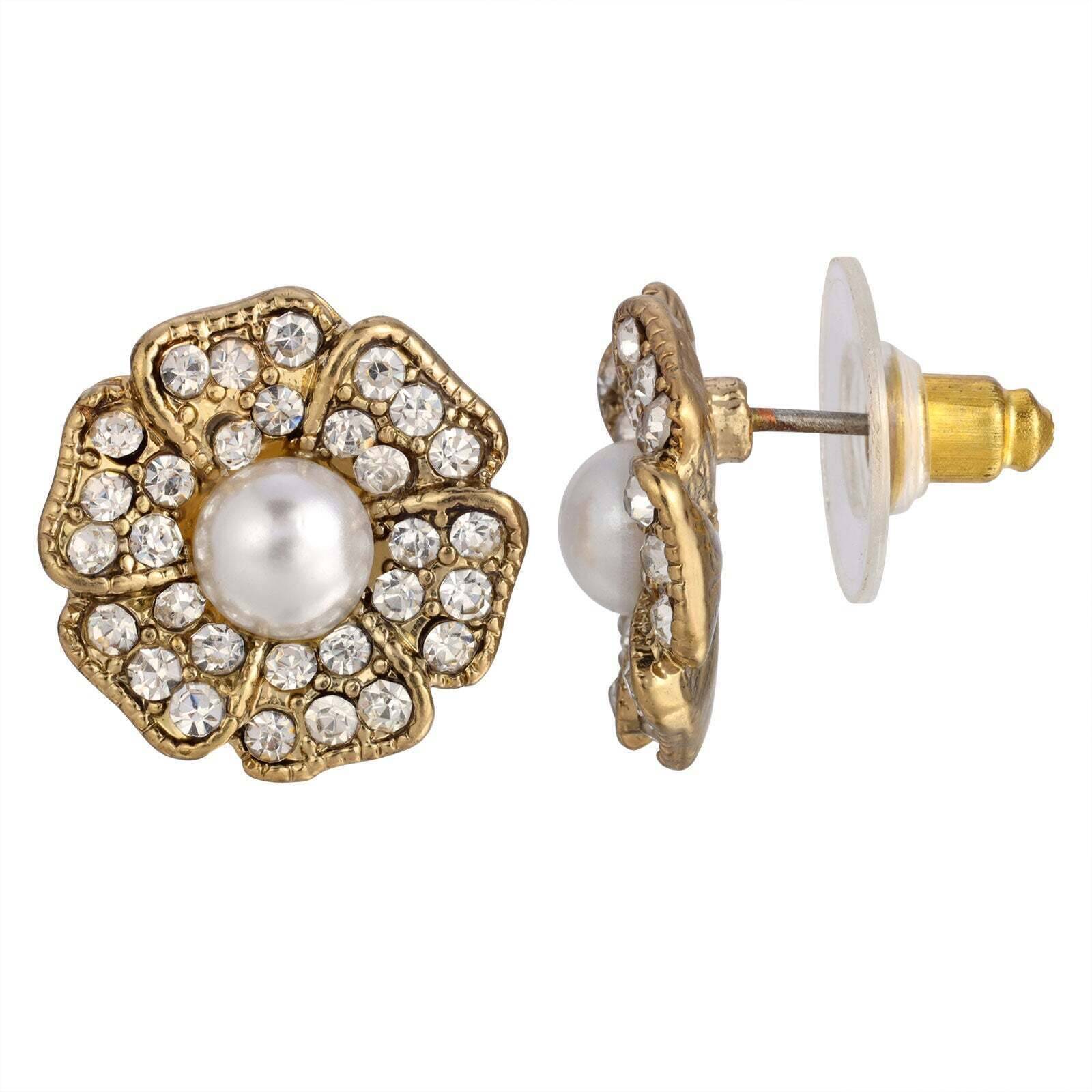 1928 Jewelry Clear Crystal & Faux Pearl Flower Button Earrings for Women - Vintage Style Bridal Party Wedding Accessories - Perfect for Prom, Evening Events & Special Occasions