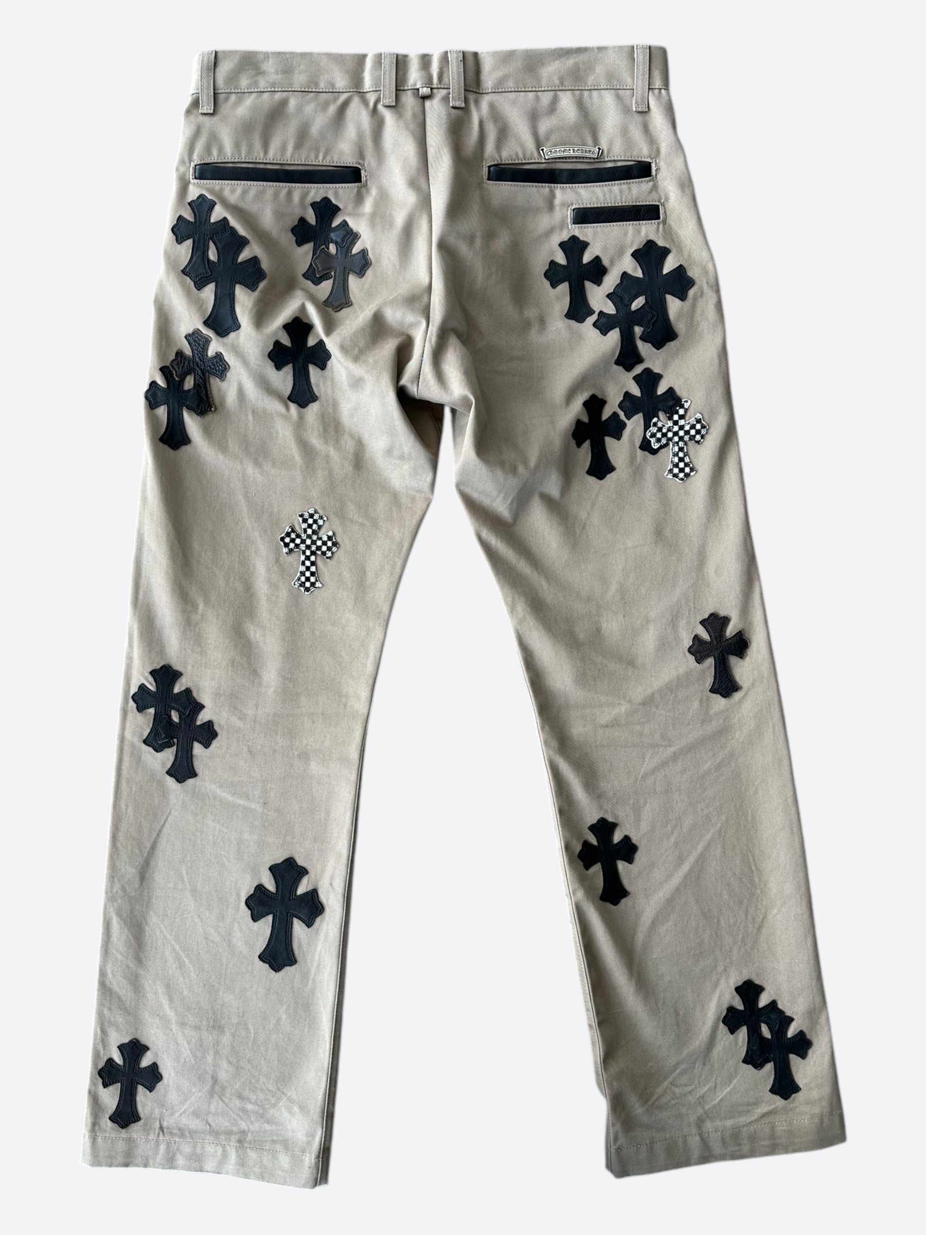 Chrome Hearts Tan Black Checkered Cross Patch Chinos for Men - Stylish Casual Pants for Streetwear & Everyday Fashion