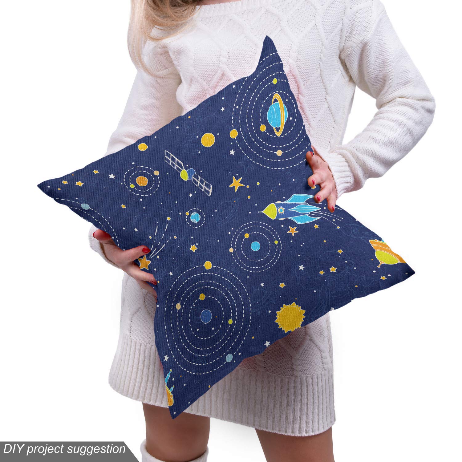Ambesonne Galaxy Space Fabric by The Yard - Shooting Stars, Planets, Spaceship, Comet & Moon Fantasy Print - Decorative Upholstery Fabric for DIY Home Decor, Curtains, Pillows & Craft Projects - 10 Yards, Orange & Dark Blue - Perfect for Bedroom, Living Room & Space-Themed Parties