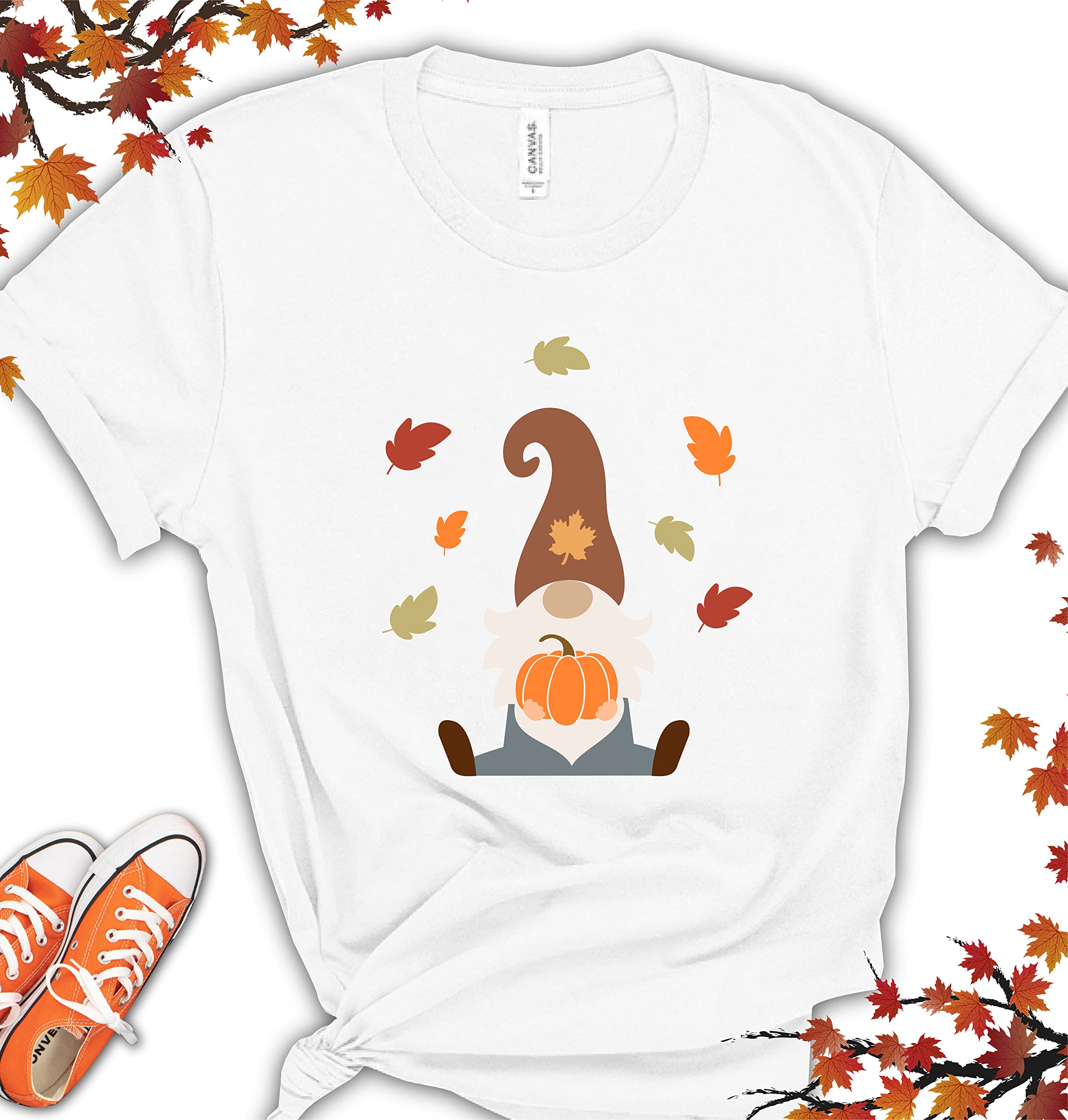 Gnomes T-Shirts for Women & Men | Fall Leaves & Pumpkin Print Autumn Tees | Thanksgiving & Halloween Graphic Shirts | Cozy Seasonal Gift for Christmas & Holiday Gatherings