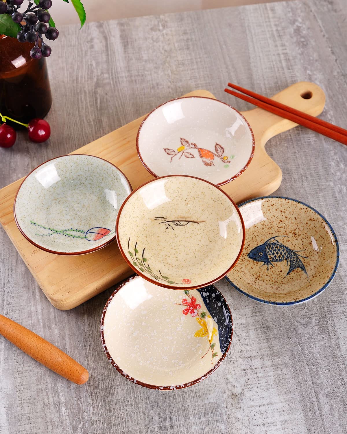 Japanese Retro Porcelain Side Dish Set - 5 Ceramic Bowls for Soy Sauce, Dipping & Seasoning | Perfect for Sushi, Ramen & Asian Dining Decor