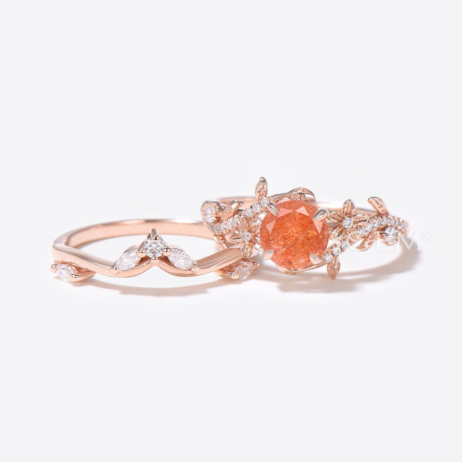 Twig Leaf Round Sunstone Engagement Ring Set - Rose Gold Floral Wedding Band for Women, Perfect for Bridal Jewelry, Proposals & Anniversary Gifts