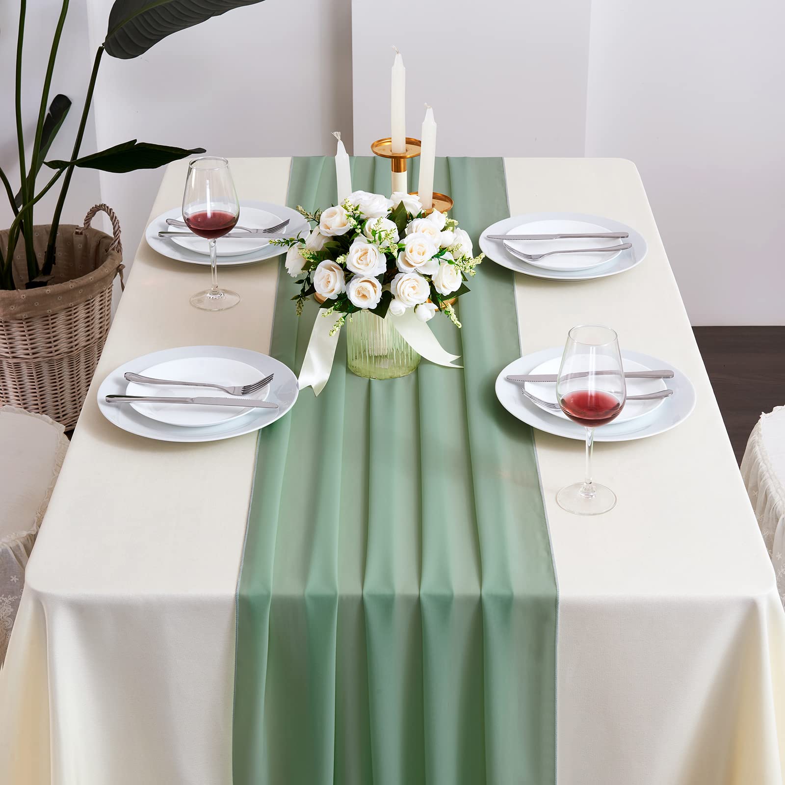 5 Pack Sage Green Chiffon Table Runner 10Ft (29x120 Inches) - Sheer Romantic Tulle Wedding Table Decor for Bridal Shower, Baby Shower, Birthday Party & Cake Table Decoration - Elegant Event & Home Decor