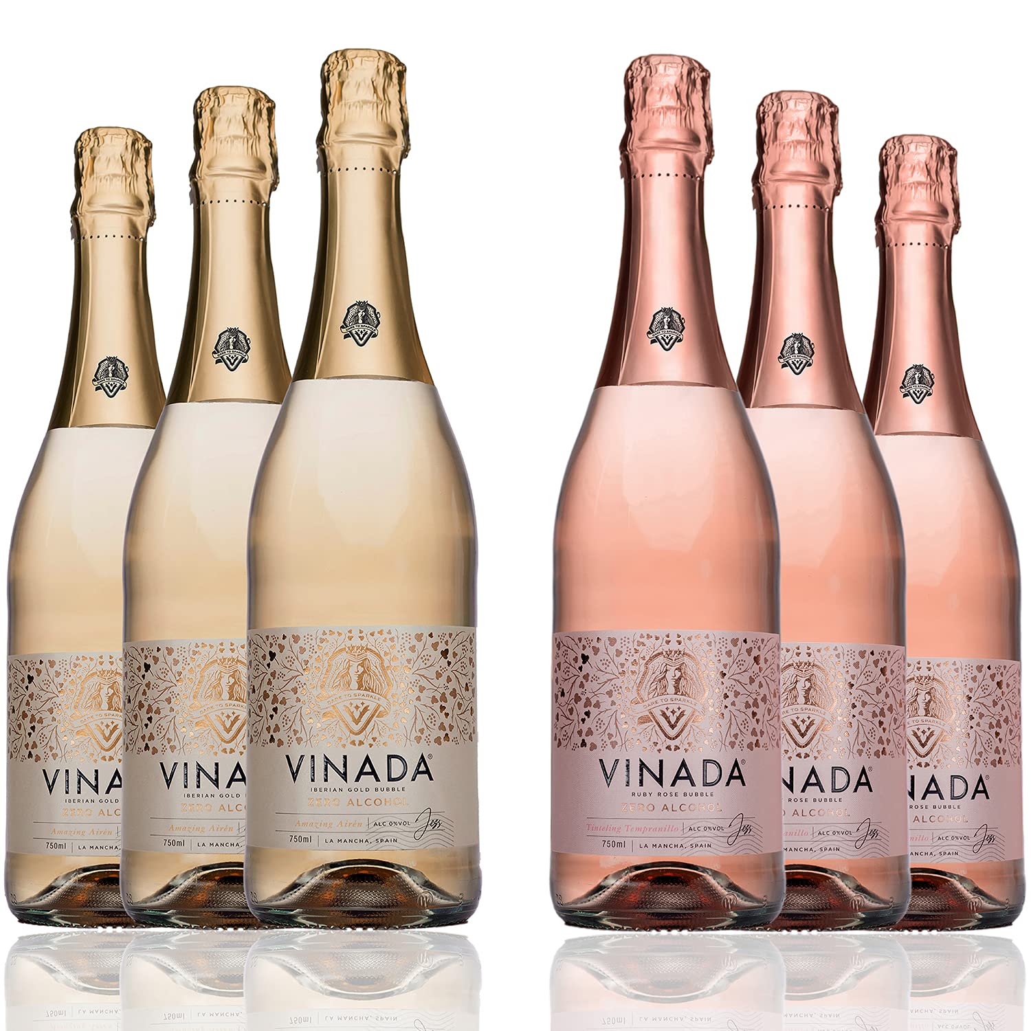VINADA Sparkling Gold & Rosé Alcohol-Free Wine Variety Pack - 6 x 750ml Glass Bottles - Zero Sugar, Vegan, Gluten-Free - Perfect for Celebrations, Gifts & Sober Living