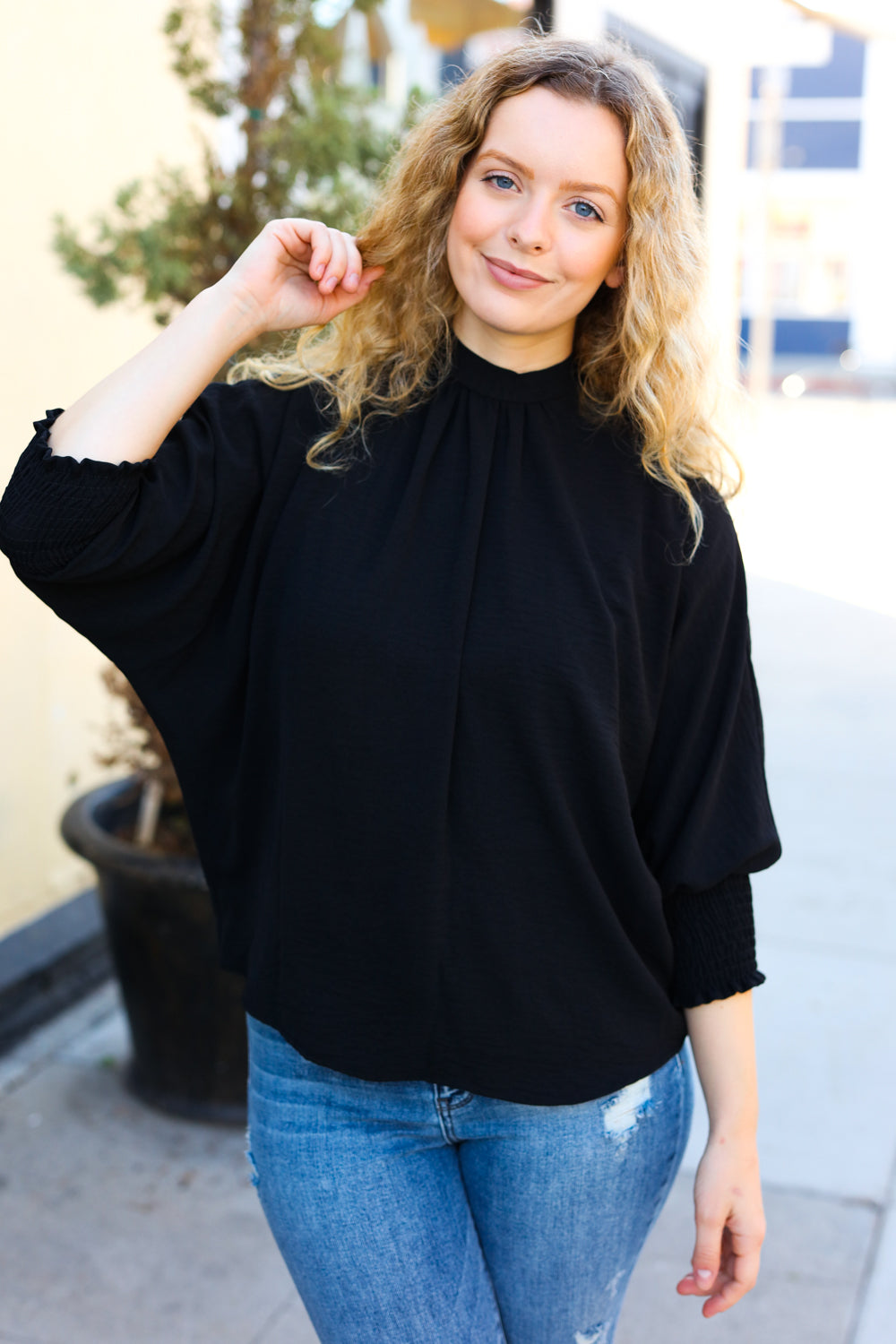 Black Smocked Three-Quarter Sleeve Tie Back Top for Women | Elegant Blouse for Date Night, Brunch & Summer Outfits | Flattering Casual & Dressy Tops