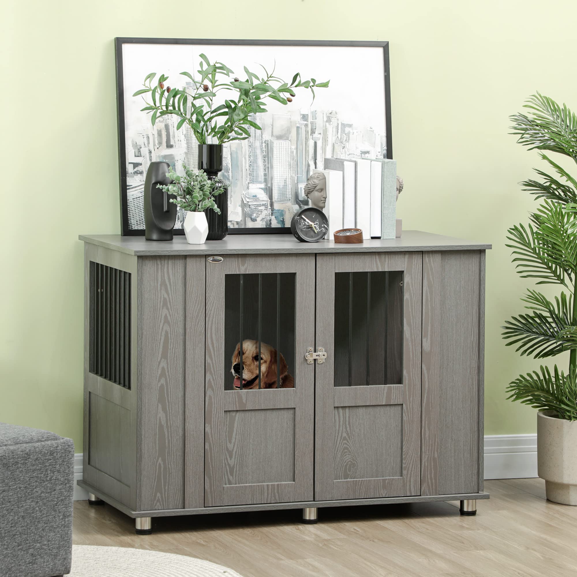 PawHut Extra Large Wooden Dog Crate Furniture - Lockable Magnetic Door Pet Kennel, Indoor Animal Cage with End Table Design, Gray | Perfect for Living Room, Bedroom & Home Decor