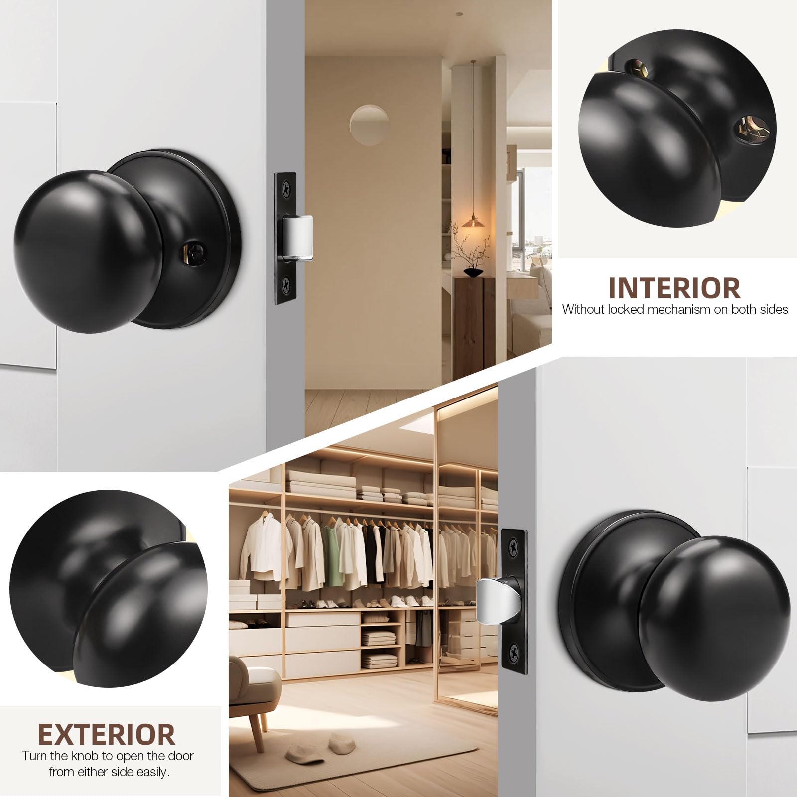 Gobekor 2 Pack Matte Black Keyless Interior Door Knobs with Lock - Stainless Steel Passage Round Knobs for Bedroom, Closet & Bathroom Doors
