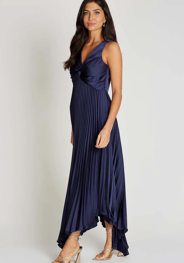 Cliona Satin Pleated Midi Dress for Women - Navy Blue Formal & Cocktail Party Wear - Elegant Satin Evening Dress for Weddings, Dinners & Special Occasions