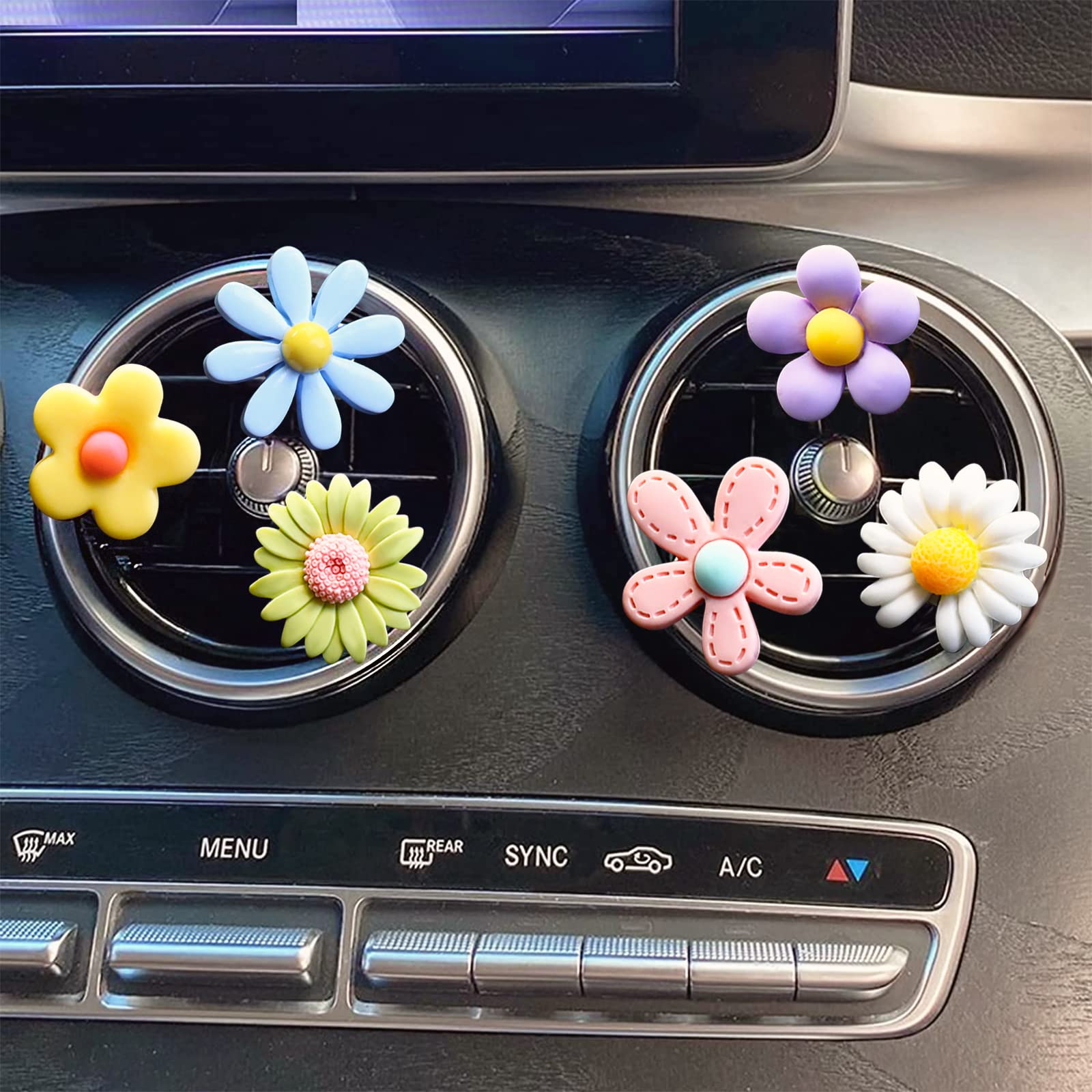 Whaline 6-Piece Daisy Flower Car Air Vent Clips - Colorful Assorted Shapes Car Air Freshener Charms for Women & Girls - Cute Car Accessories & Interior Decor - Perfect for Daily Commute, Road Trips & Gifts